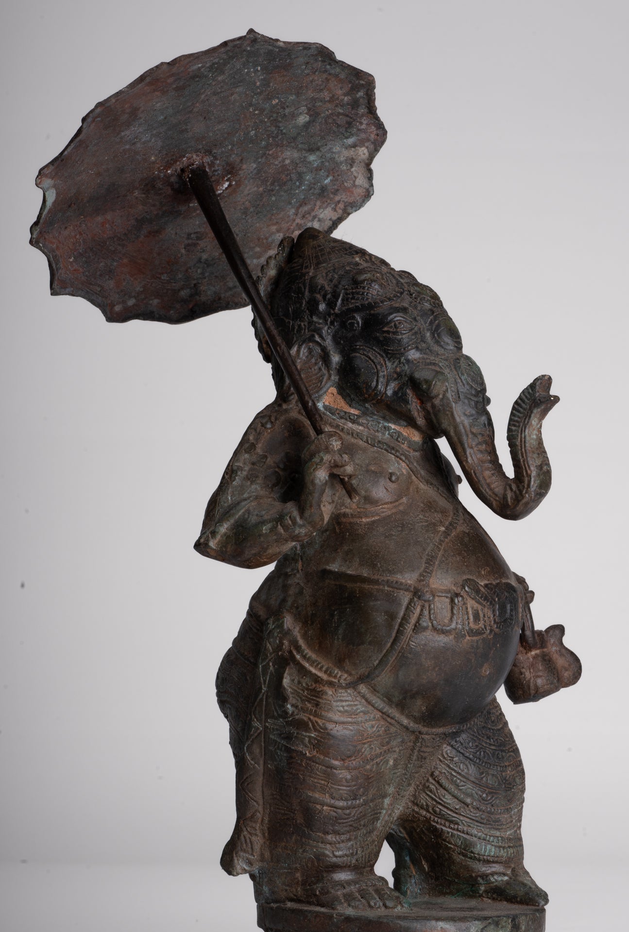 Antique Chola Style Standing Bronze Bridegroom or Mappilai Ganesha Statue w/Umbrella - 37cm/15"
