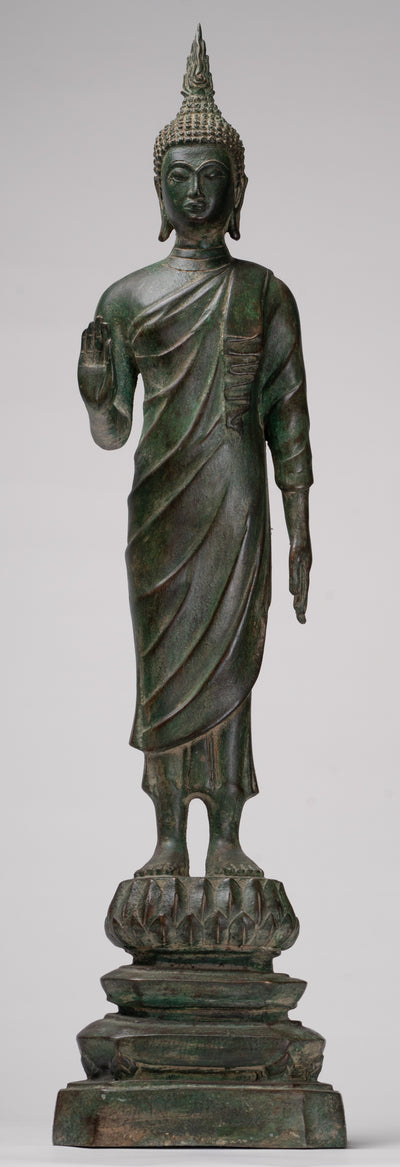 Buddha Statue - Antique Thai Style Bronze Standing Abhaya Protection Buddha Statue - 62cm/25"