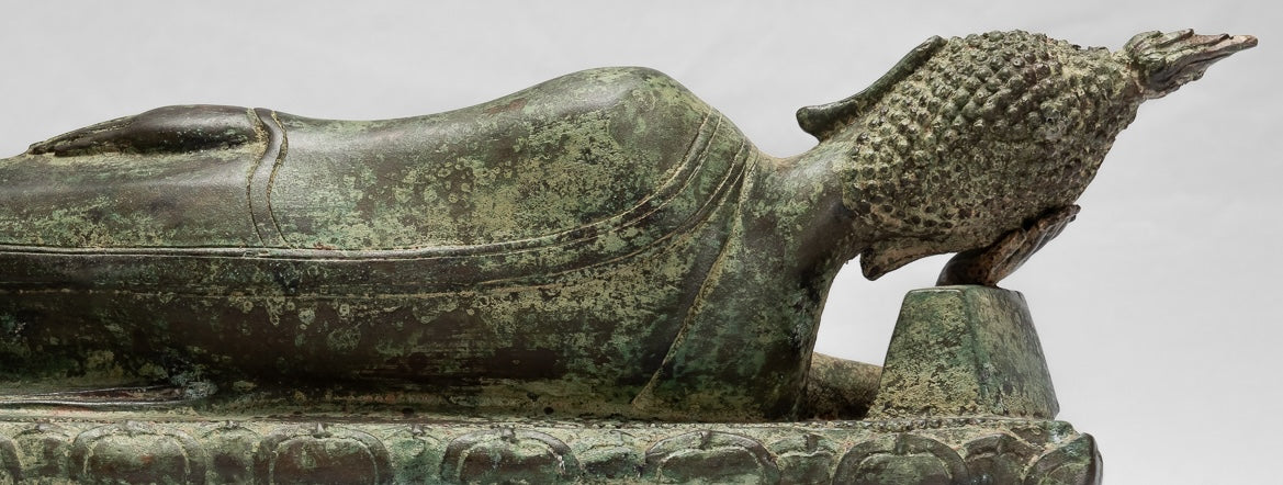 Estatua de Buda - Bronce de estilo tailandés de antigüedades Sukhothai Reclining Nirvana Buda Estatua - 54cm/22 "
