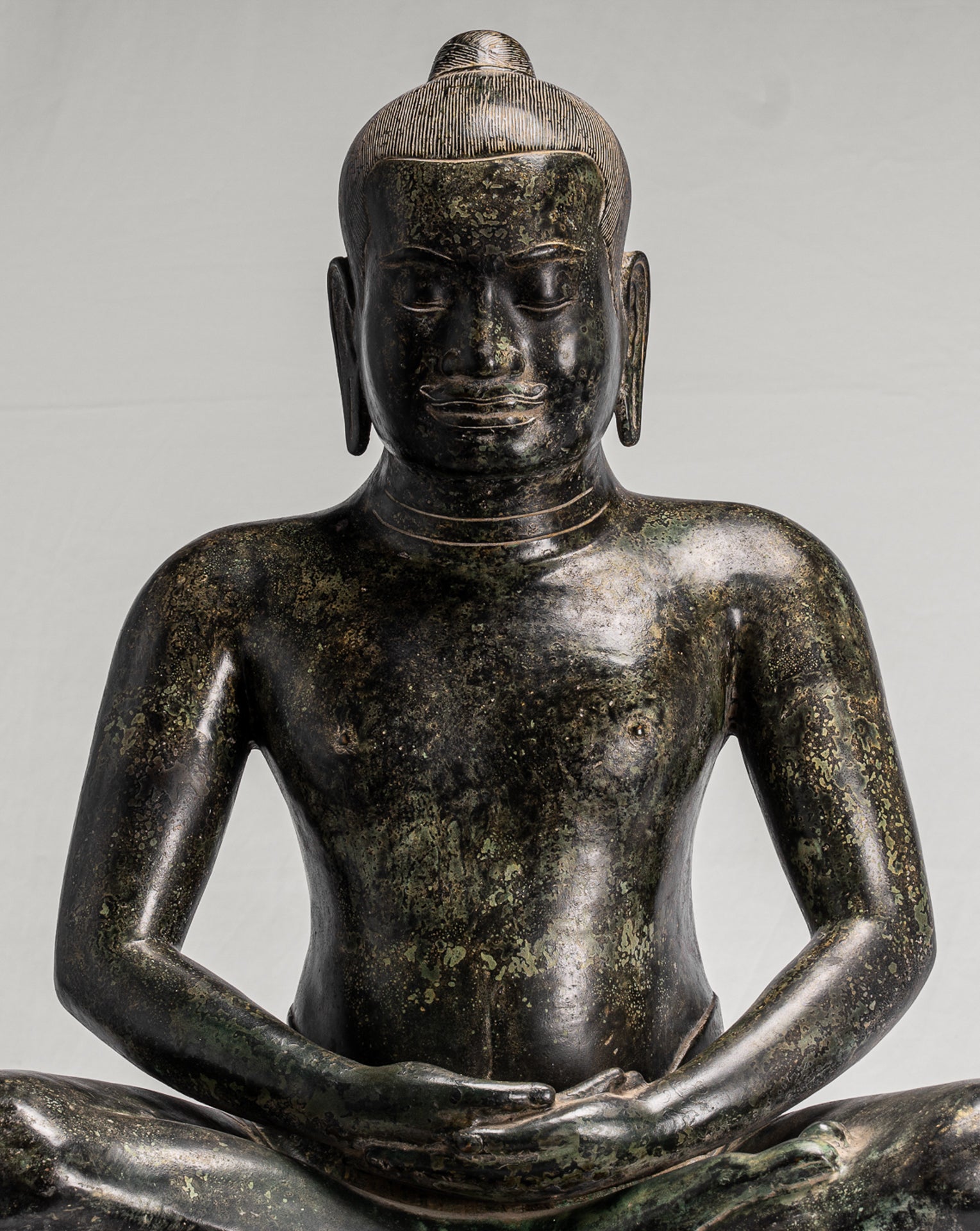 Antique Khmer Style Seated Bronze Meditation Jayavarman VII Statue - 68cm/27"