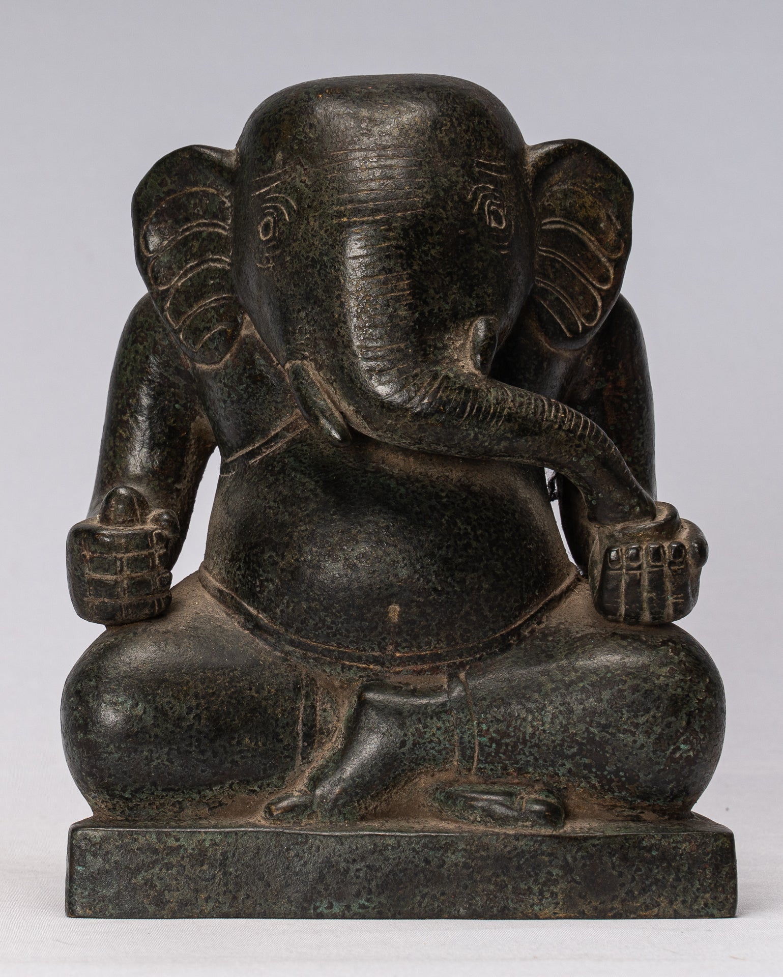 Ganesh Statue - Antique Cham Style Seated Bronze Ganesha Statue - 20cm/8"