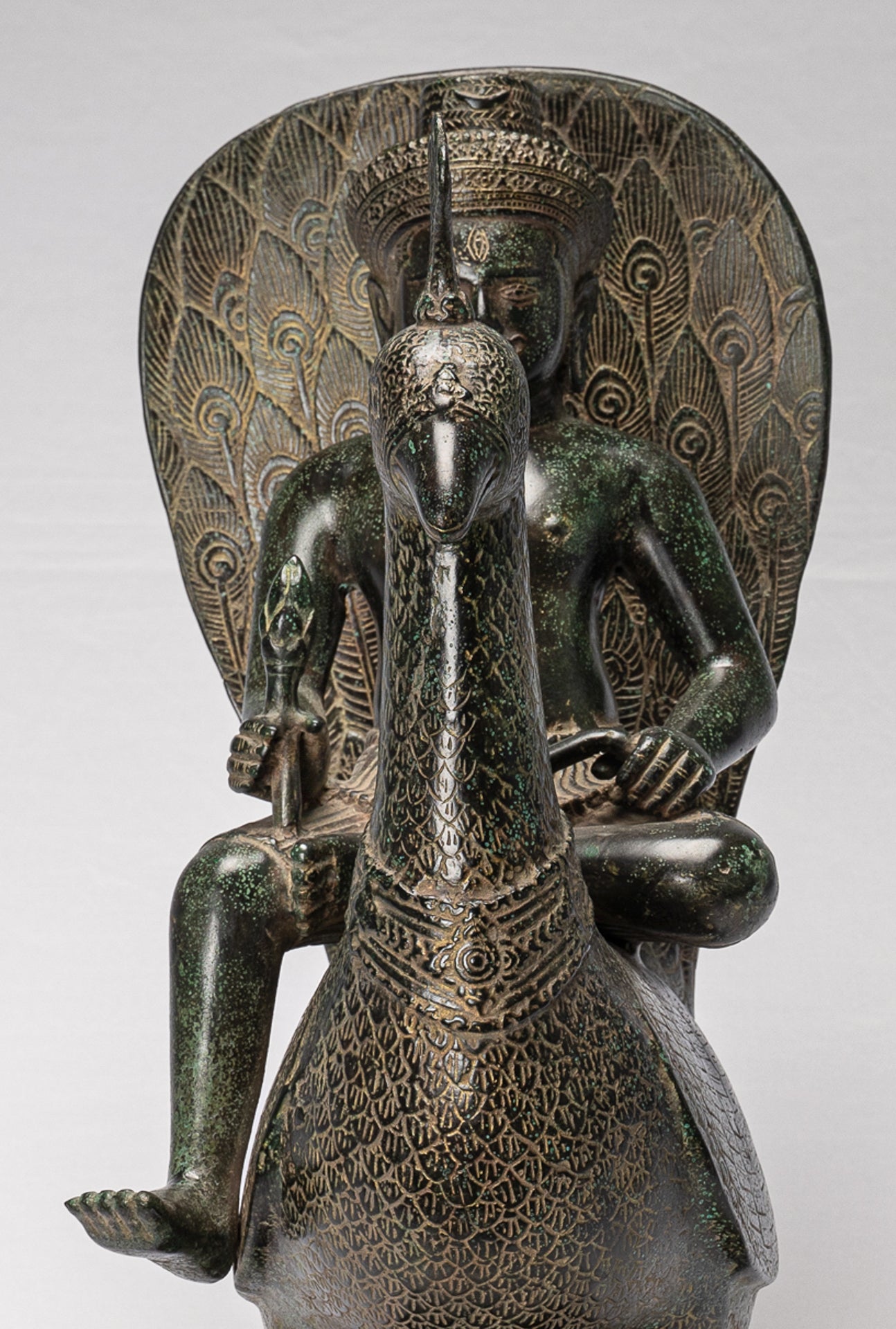 Murugan Statue - Antique Khmer Style Bronze Murugan on His Peacock - 53cm/21"