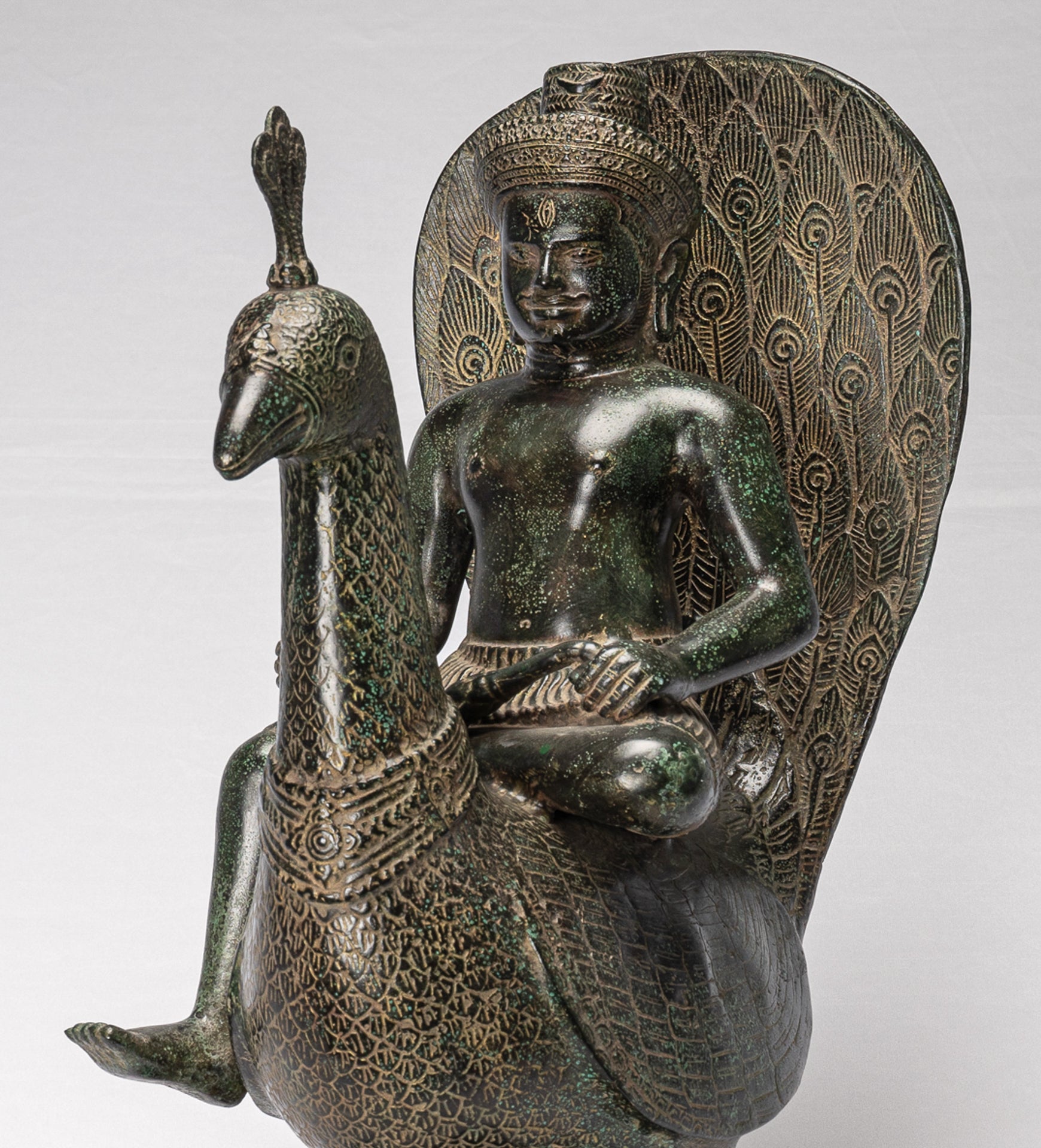 Murugan Statue - Antique Khmer Style Bronze Murugan on His Peacock - 53cm/21"