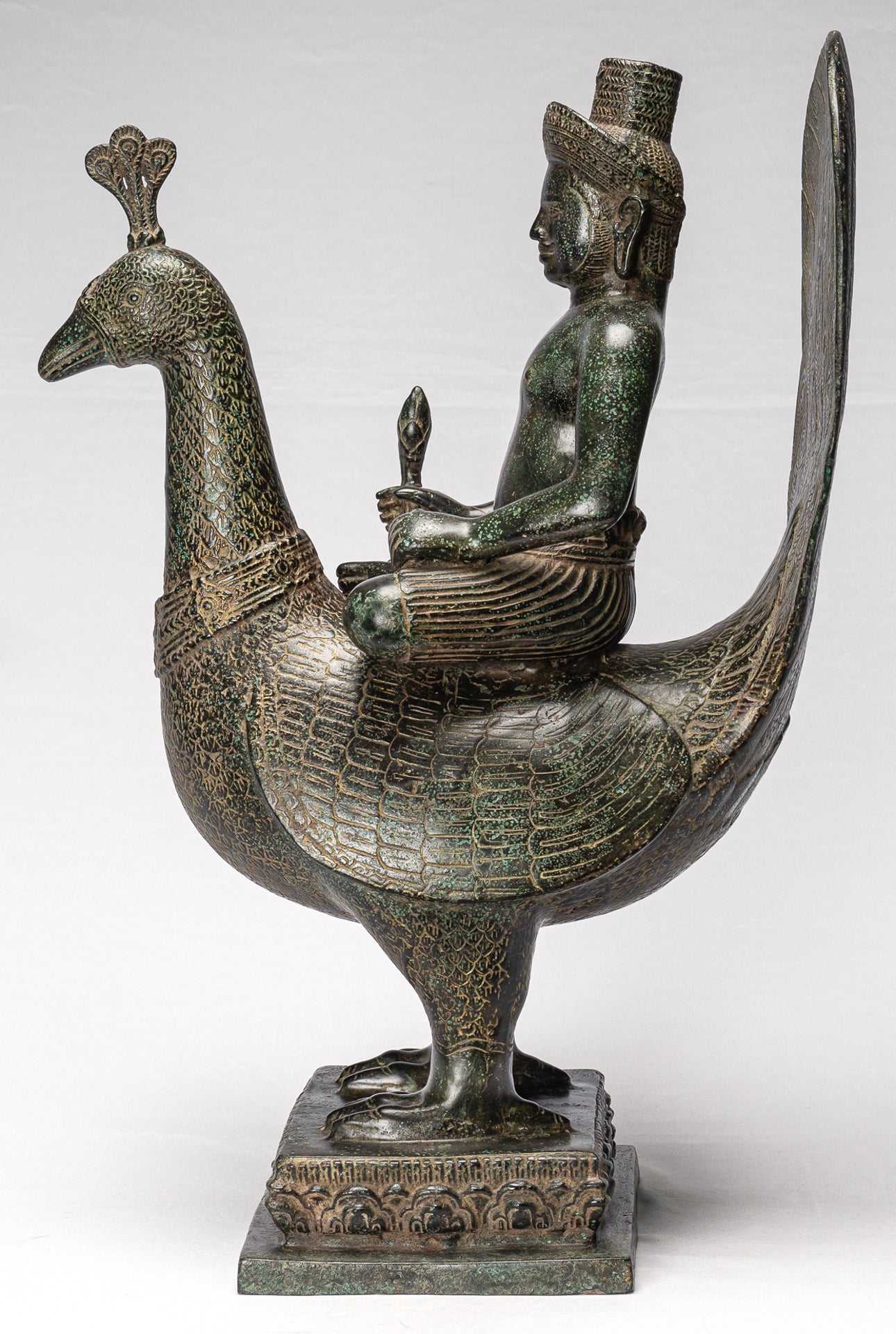 Murugan Statue - Antique Khmer Style Bronze Murugan on His Peacock - 53cm/21"