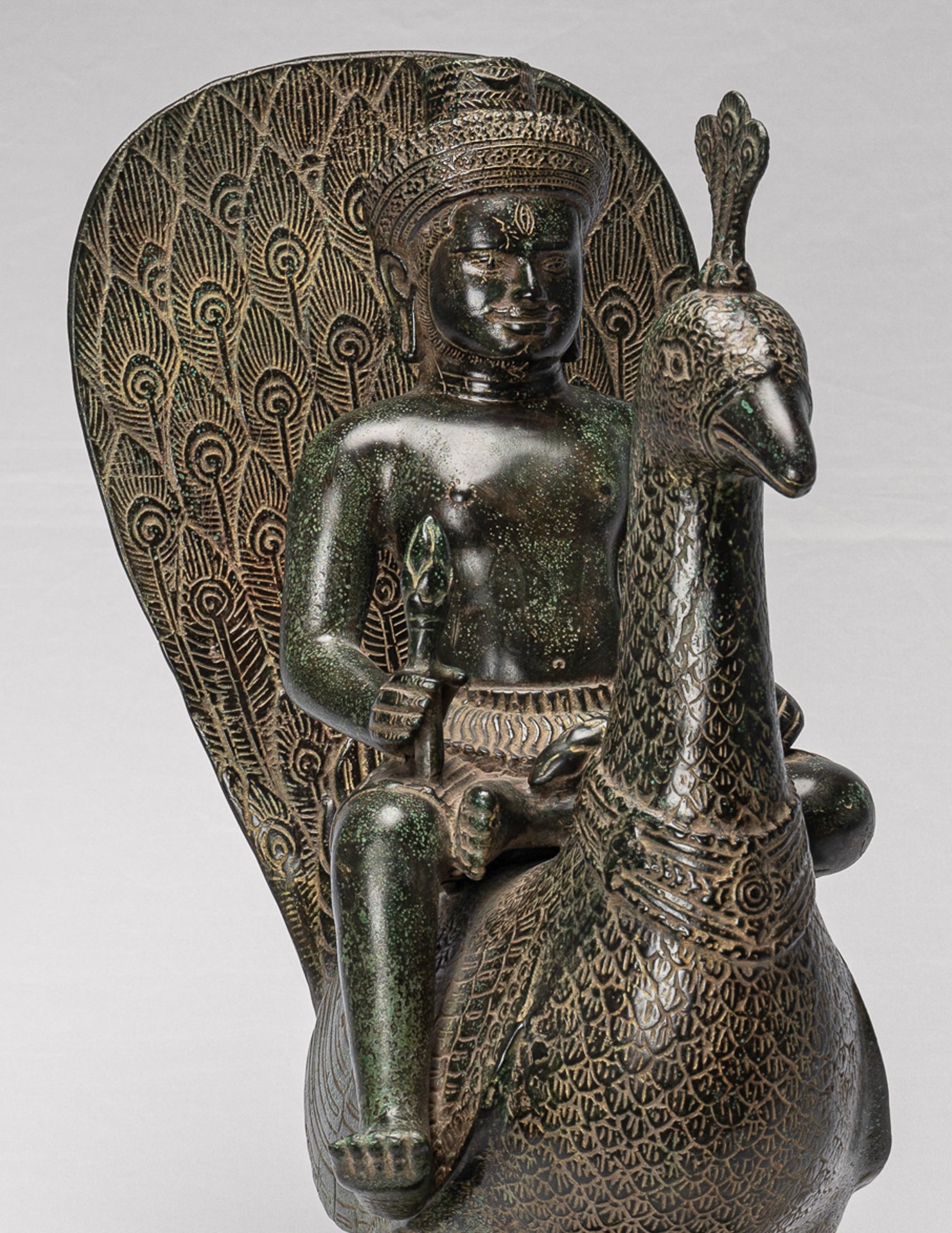 Murugan Statue - Antique Khmer Style Bronze Murugan on His Peacock - 53cm/21"