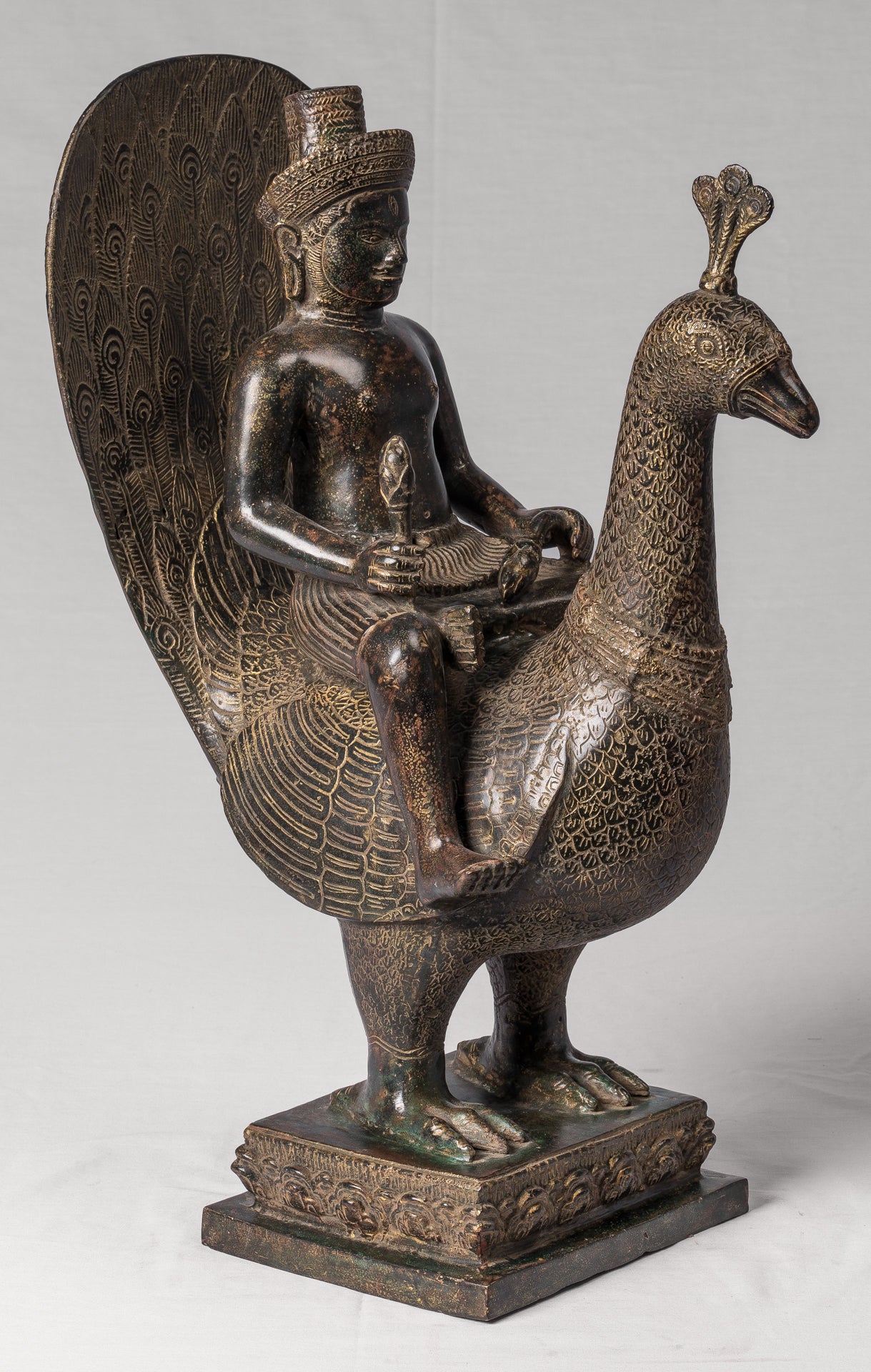 Murugan Statue - Antique Khmer Style Bronze Murugan on His Peacock - 53cm/21"