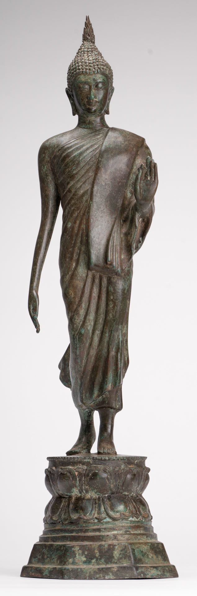 Antique Sukhothai Style Standing Bronze Thai Protection Walking Buddha Statue - 57cm/23"