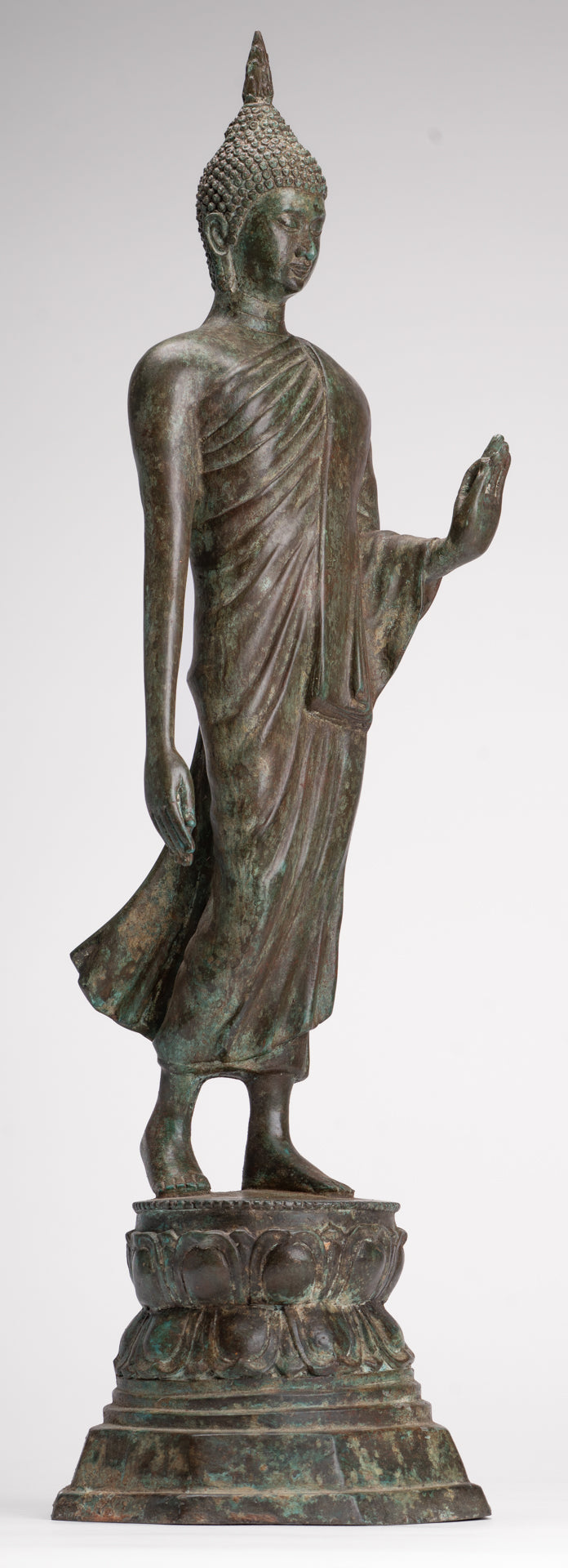 Antique Sukhothai Style Standing Bronze Thai Protection Walking Buddha Statue - 57cm/23"