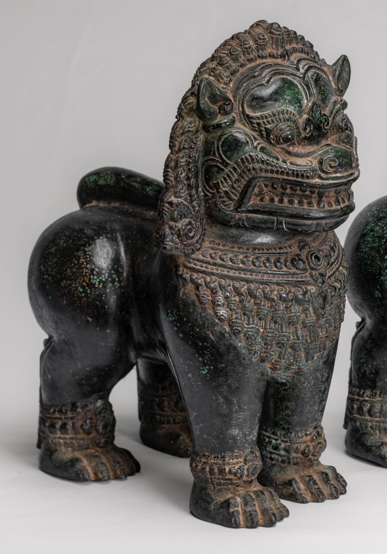 Temple Lion - Antique Khmer Style Bronze Standing Temple Guardian or Lion - 31cm/12" (Pair)