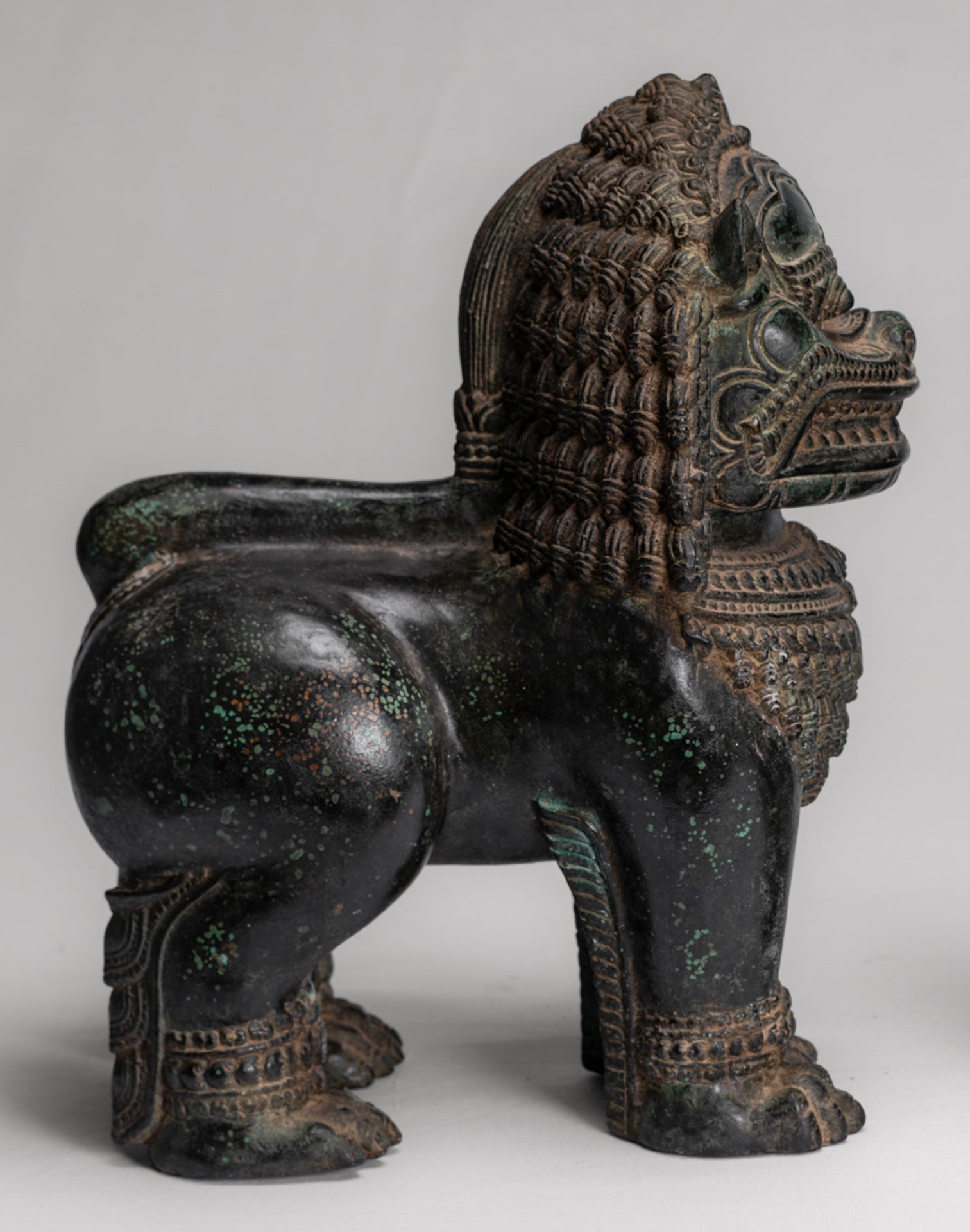 Temple Lion - Antique Khmer Style Bronze Standing Temple Guardian or Lion - 31cm/12" (Pair) 