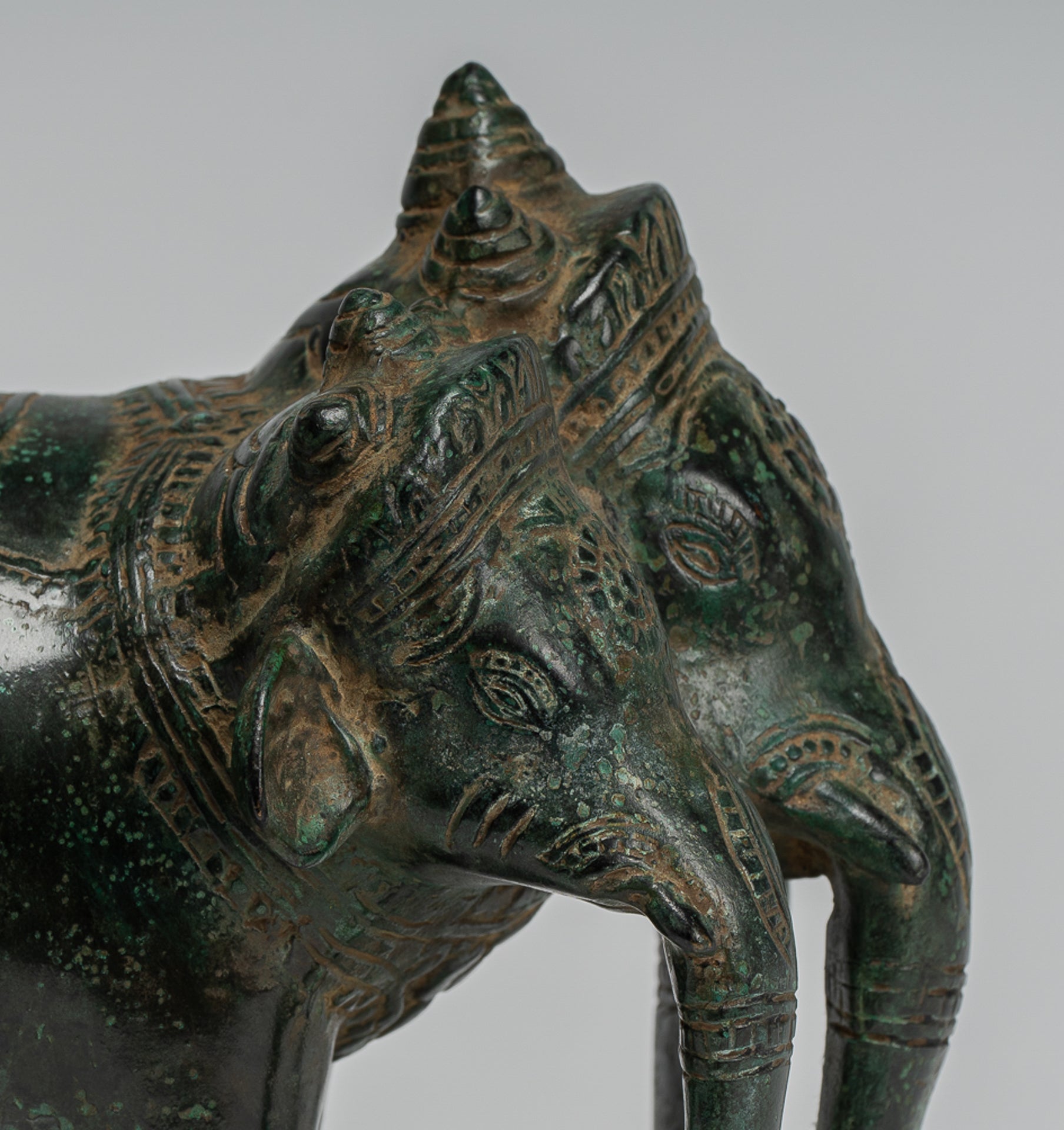 Antique Khmer Style Bronze Erawan Airavata or Elephant Statue - 18cm/7" Tall