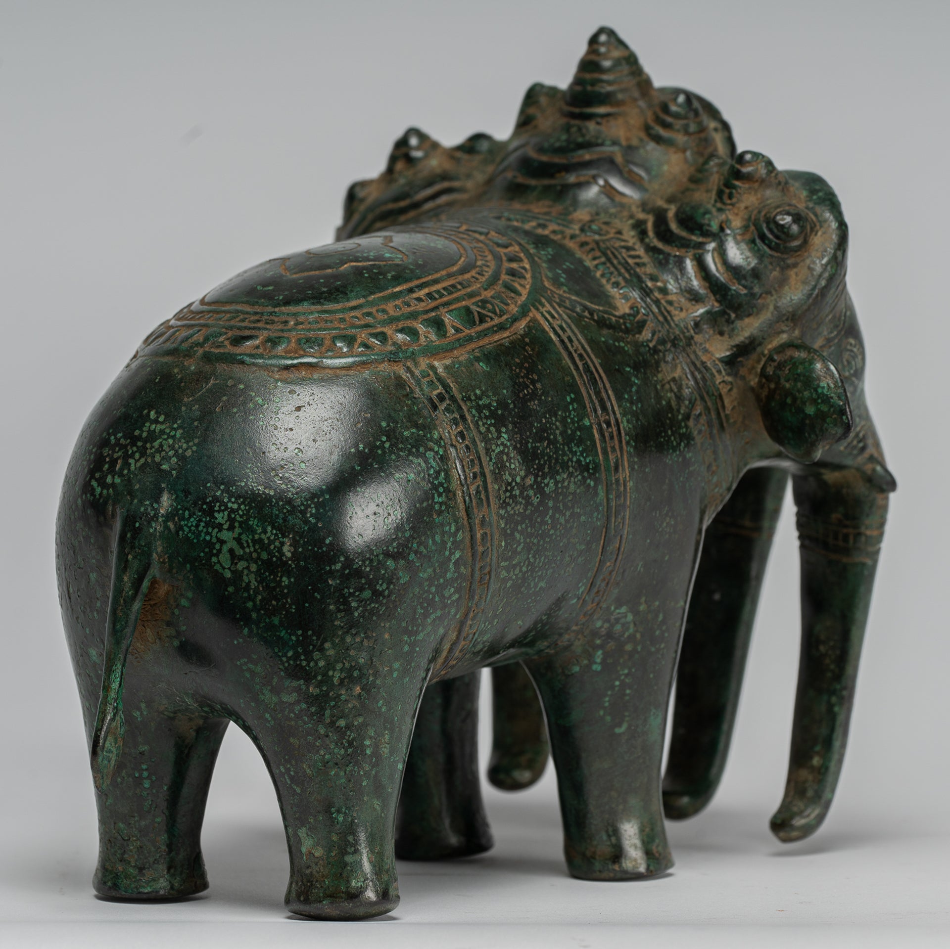 Antique Khmer Style Bronze Erawan Airavata or Elephant Statue - 18cm/7" Tall