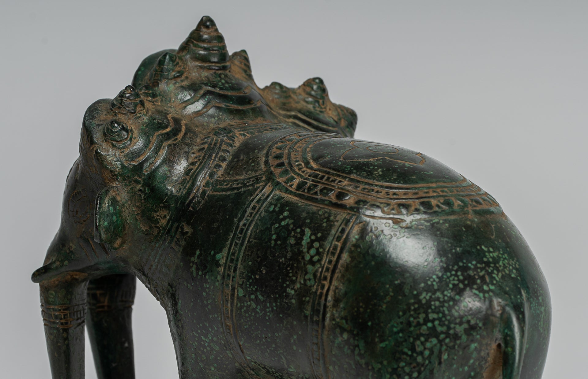 Antique Khmer Style Bronze Erawan Airavata or Elephant Statue - 18cm/7" Tall