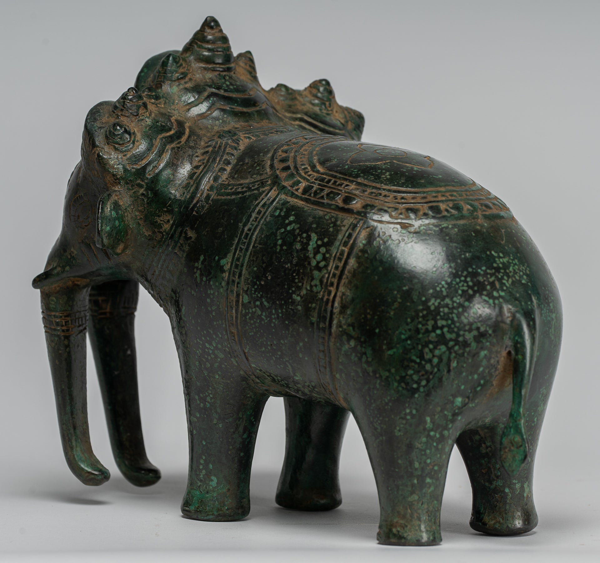 Antique Khmer Style Bronze Erawan Airavata or Elephant Statue - 18cm/7" Tall