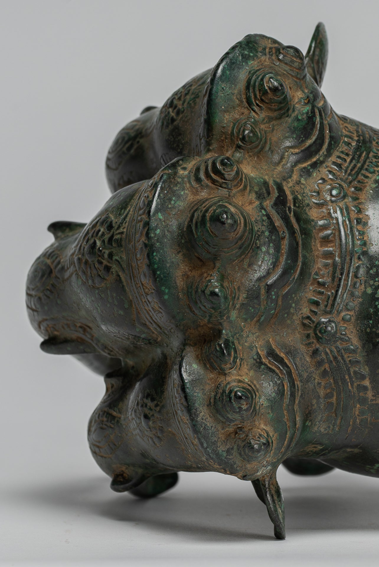 Antique Khmer Style Bronze Erawan Airavata or Elephant Statue - 18cm/7" Tall