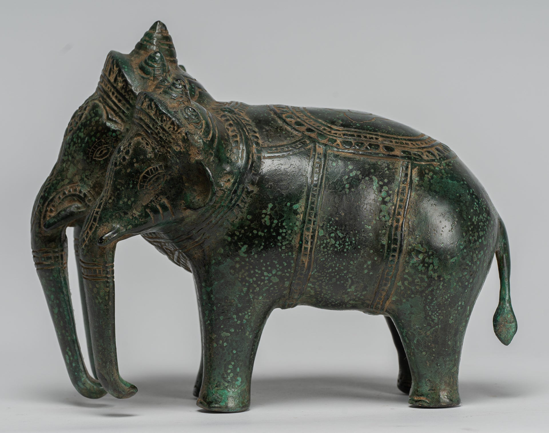 Antique Khmer Style Bronze Erawan Airavata or Elephant Statue - 18cm/7" Tall