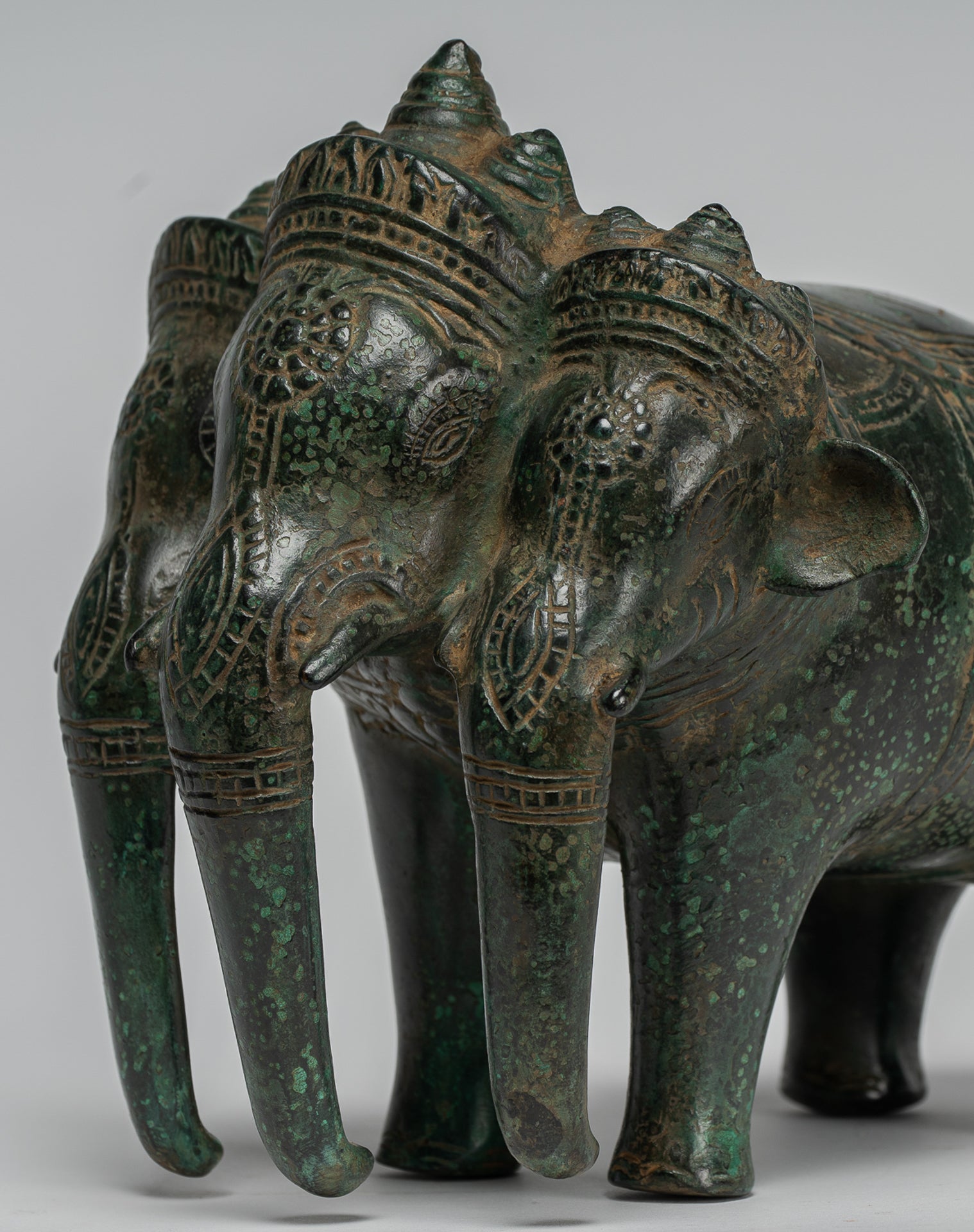 Antique Khmer Style Bronze Erawan Airavata or Elephant Statue - 18cm/7" Tall