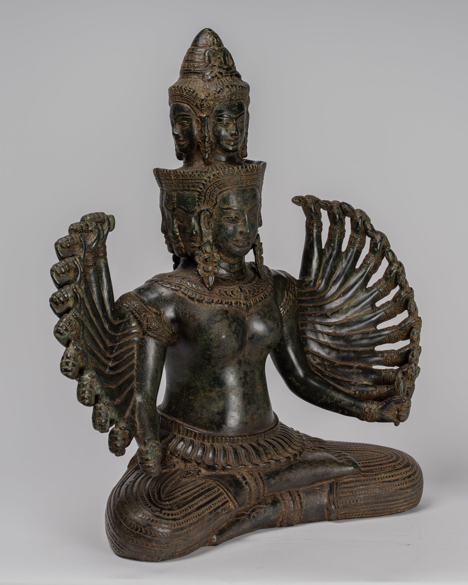 Antique Khmer Style Seated Bronze Bodhisattva Avalokiteshvara Statue - 53cm/21"