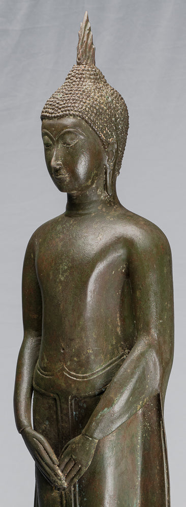 Statue antique de Bouddha pensif en bronze debout d'Ayutthaya de style thaïlandais - 99 cm/40"