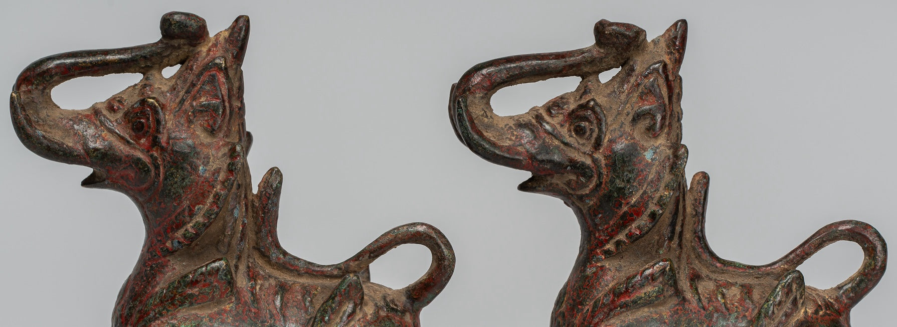 Antique Burmese Style Bronze Standing Chinthe Guardian Temple Lions - 11.5cm/5" (Pair)