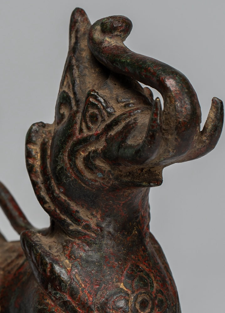 Antique Burmese Style Bronze Standing Chinthe Guardian Temple Lions - 11.5cm/5" (Pair)