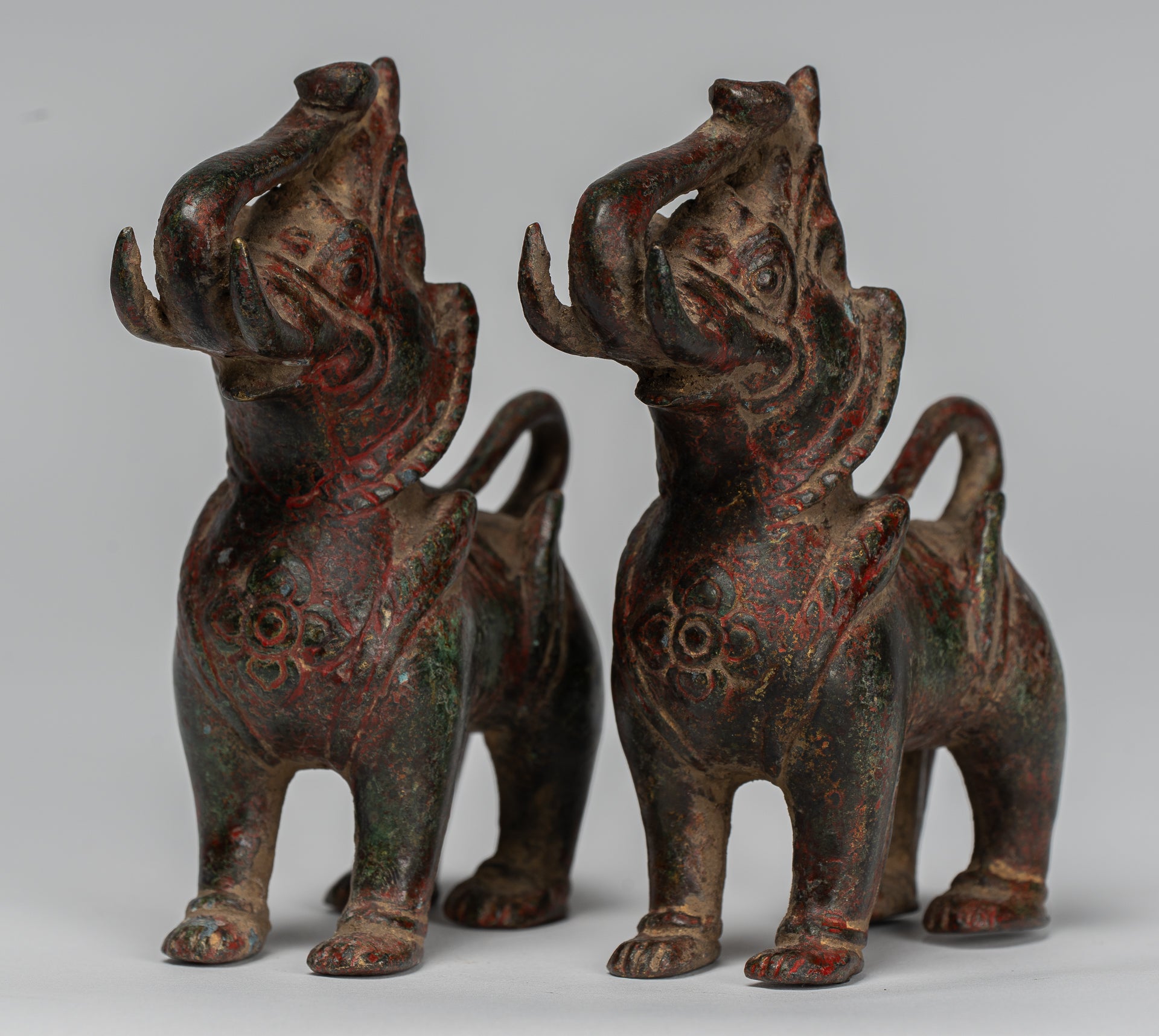 Antique Burmese Style Bronze Standing Chinthe Guardian Temple Lions - 11.5cm/5" (Pair)