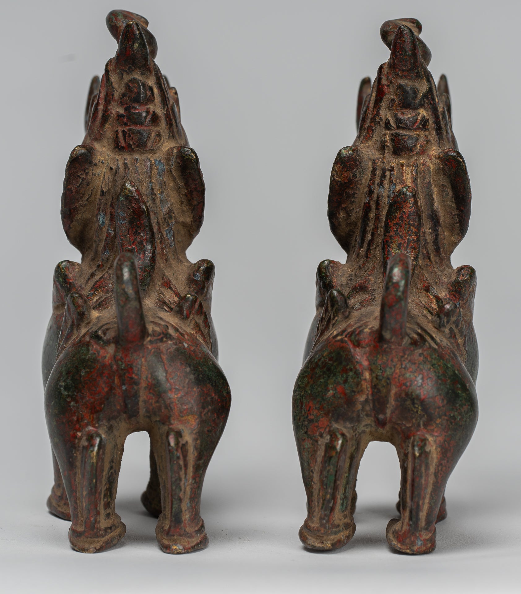 Antique Burmese Style Bronze Standing Chinthe Guardian Temple Lions - 11.5cm/5" (Pair)