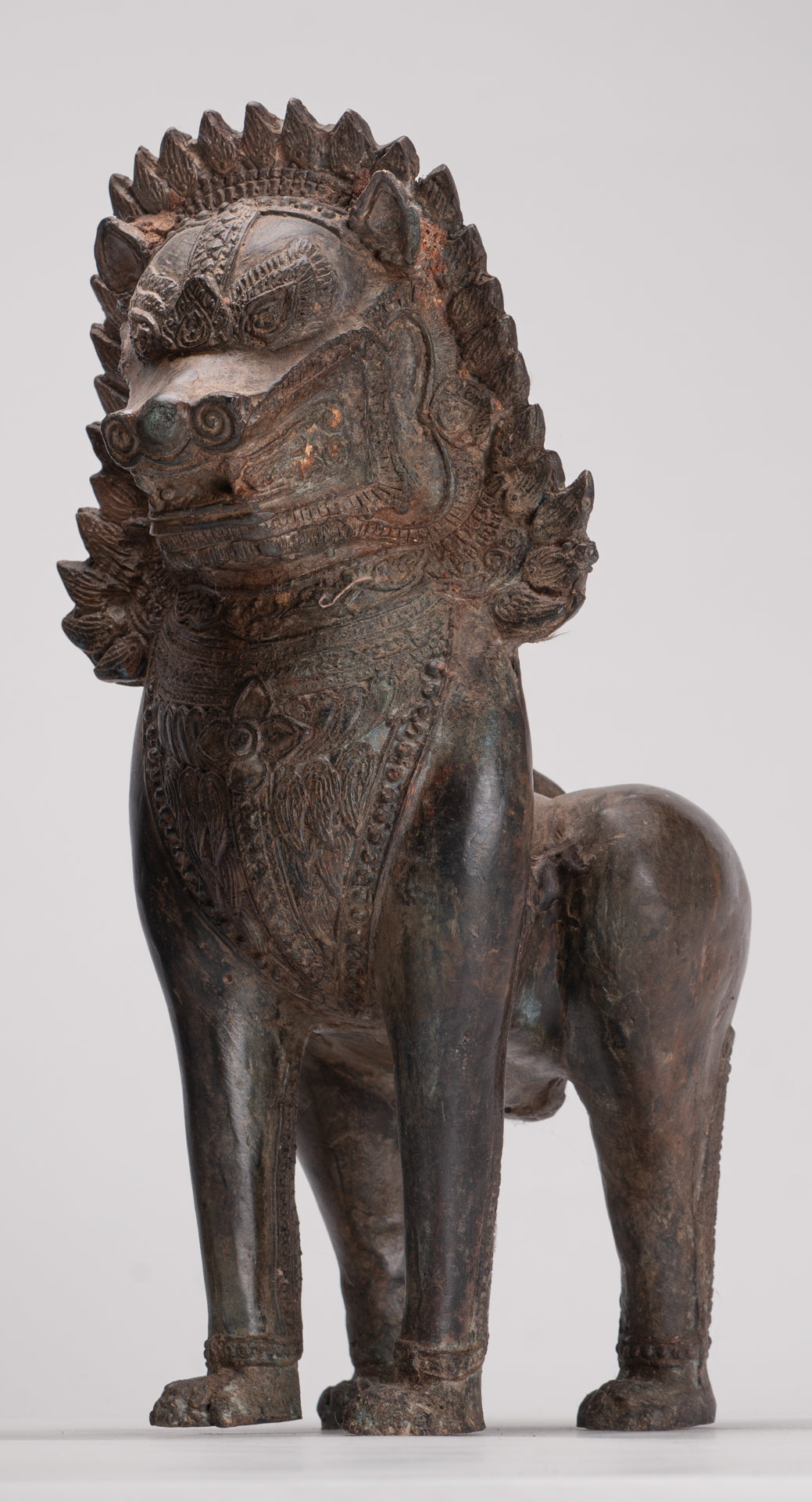 Temple Lion - Antique Thai Style Bronze Standing Singha Temple Guardians or Lions - 31cm/12" (Pair)