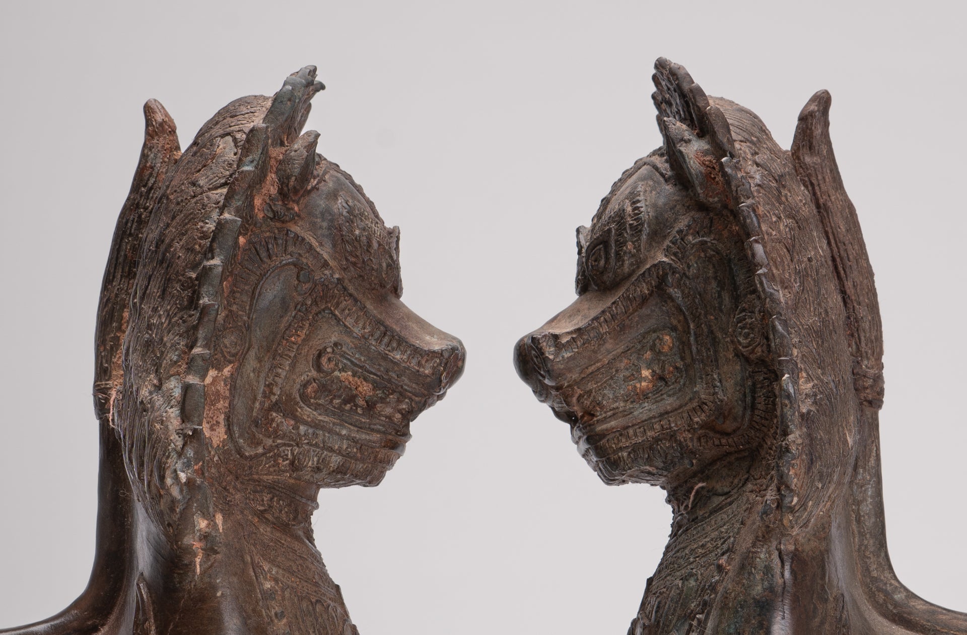Temple Lion - Antique Thai Style Bronze Standing Singha Temple Guardians or Lions - 31cm/12" (Pair)