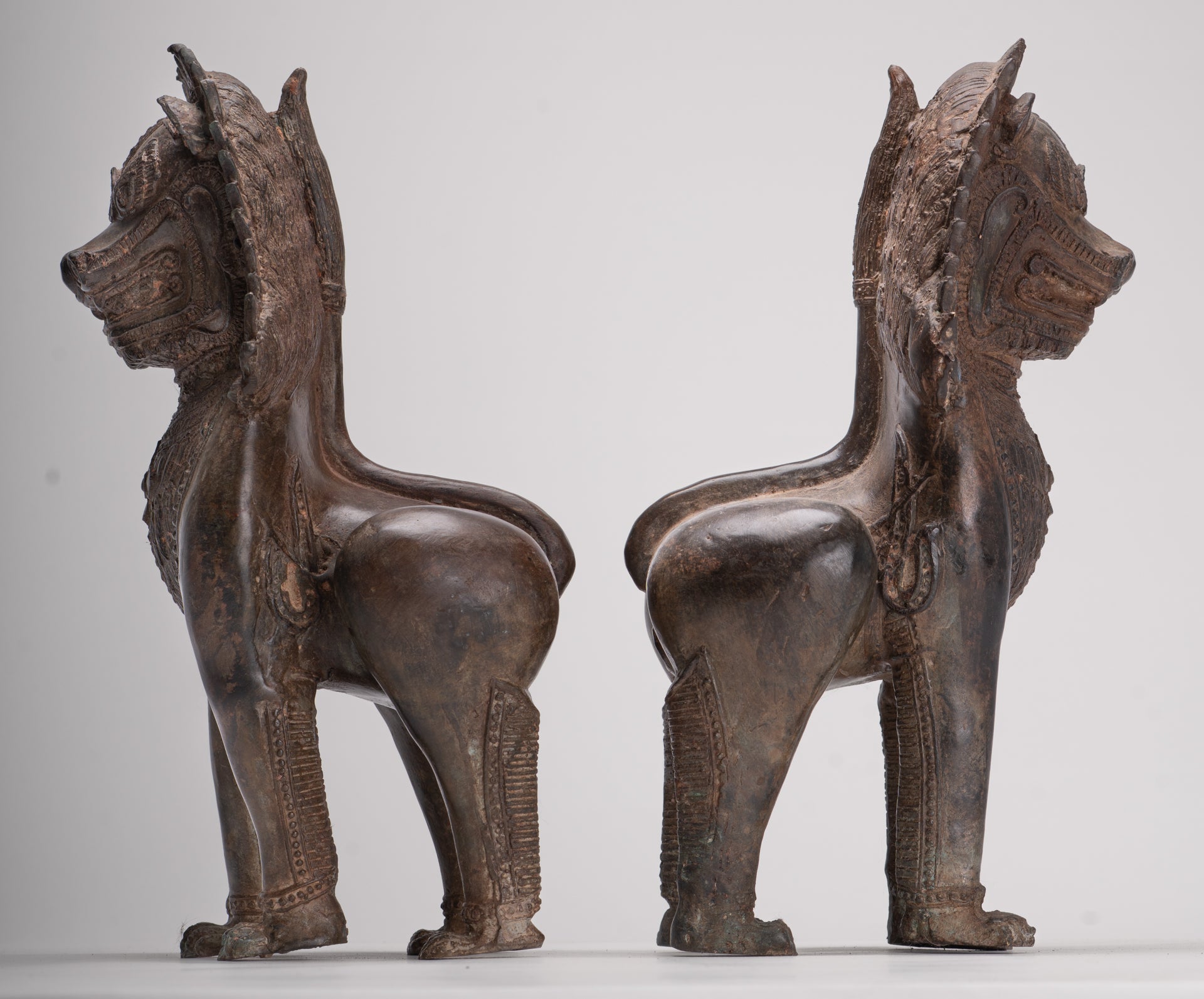 Temple Lion - Antique Thai Style Bronze Standing Singha Temple Guardians or Lions - 31cm/12" (Pair)