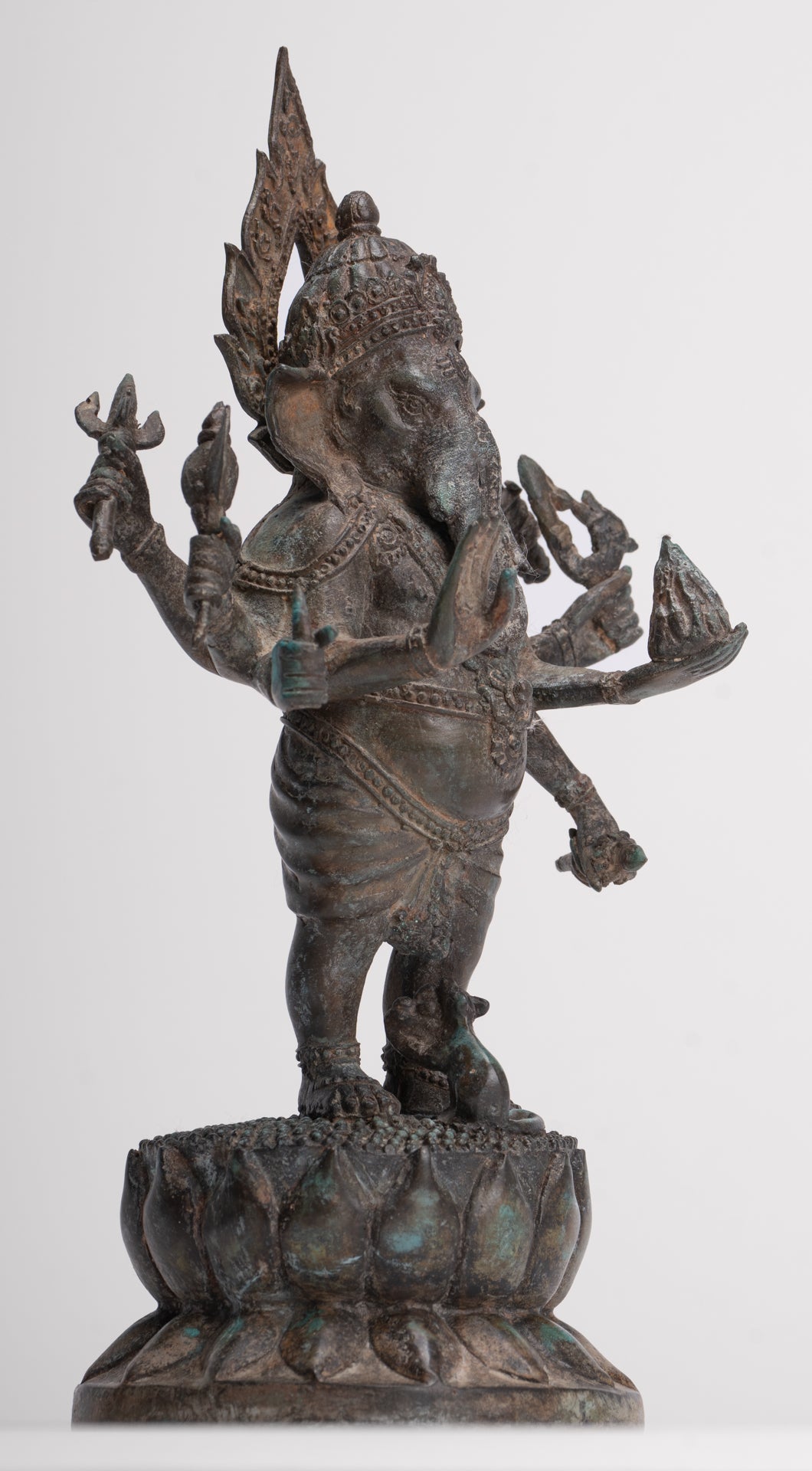 Antique Thai Style Bronze Standing 8-Arm Ganesha Statue - 28cm/11"