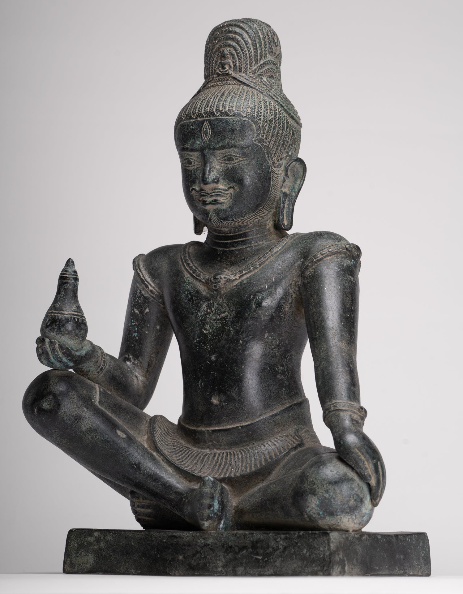 Lokeshvara Statue - Antique Khmer Style Seated Bronze Bayon Style Lokeshvara - 39cm/16"