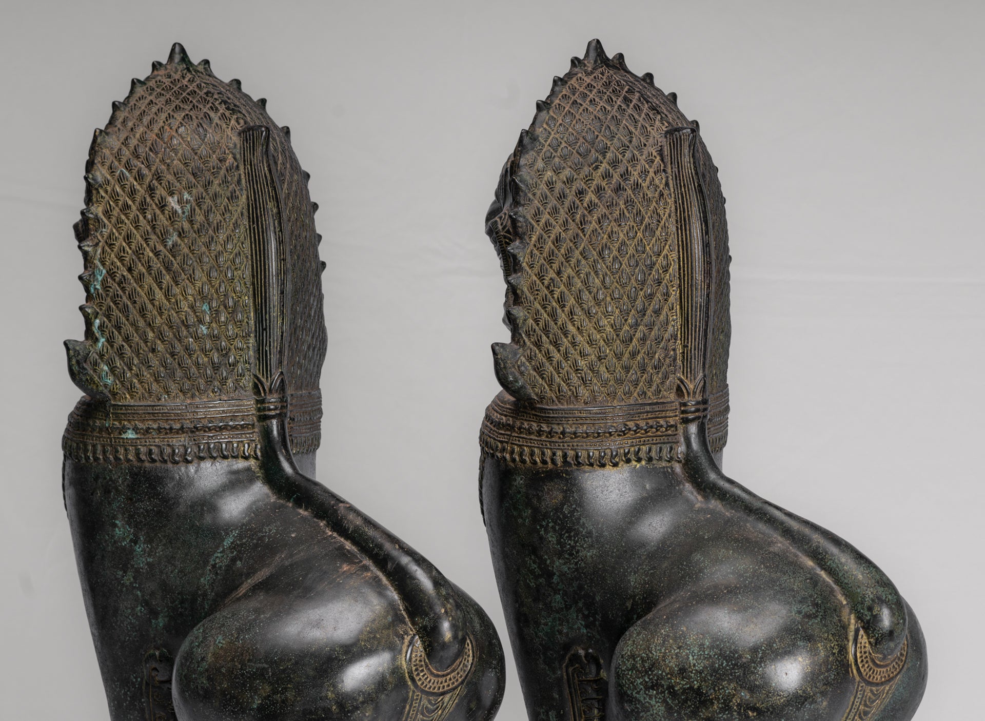 Temple Lions - Antique Khmer Style Bronze Standing Temple Guardians or Lions - 54cm/22" (Pair)