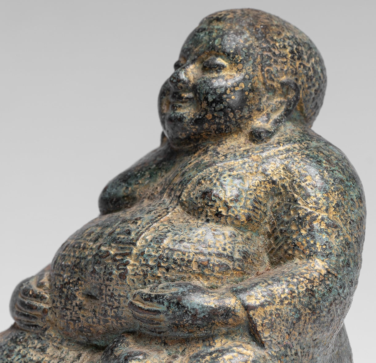 Buddha Statue - Antique Khmer Style Bronze Happy, Fat, Laughing Buddha Budai Statue - 18cm/7"
