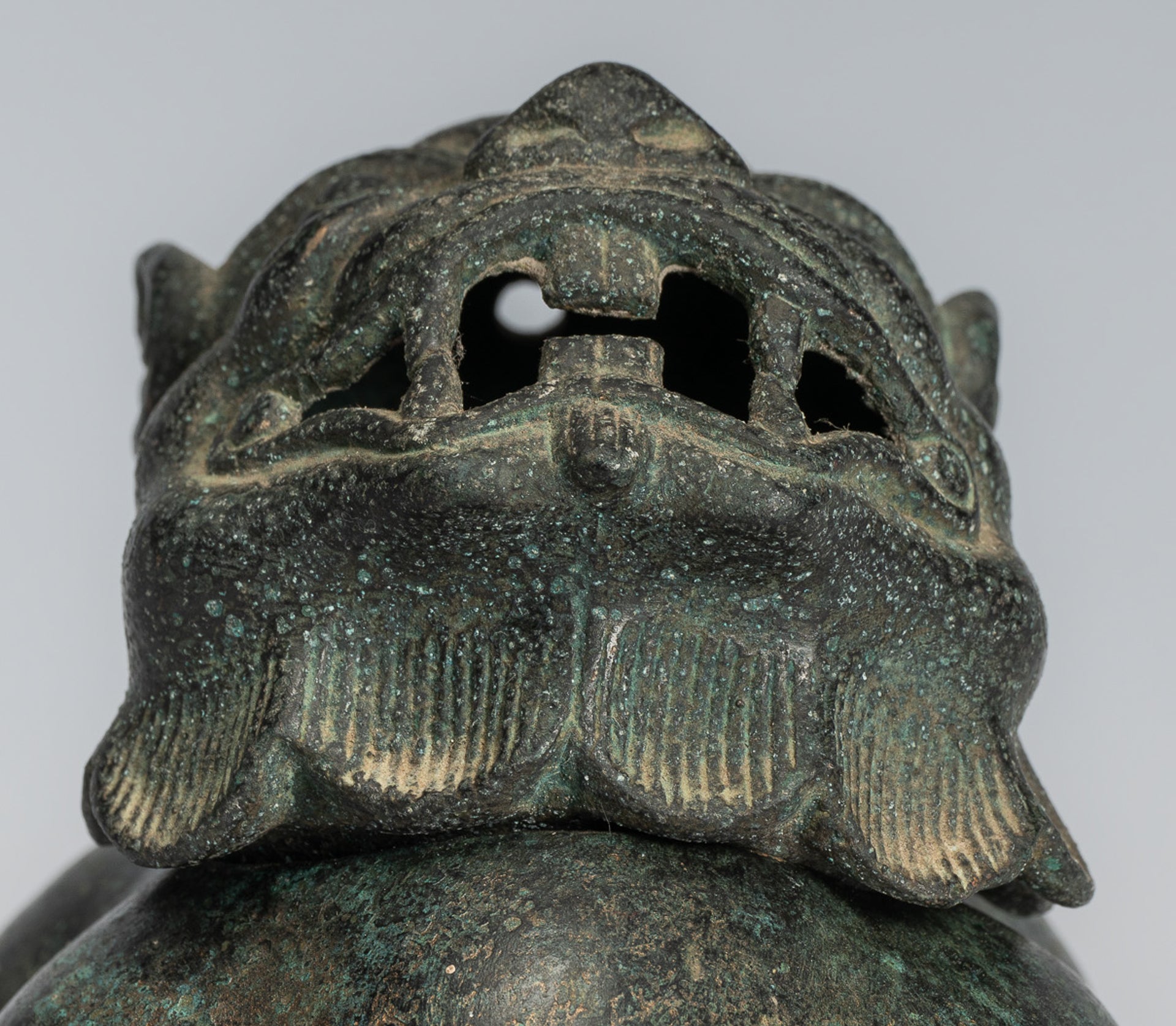 Antique Chinese Style Bronze Two Piece Dragon Censer or Incense Burner and Incense Stick Holder - 12cm/5" Tall