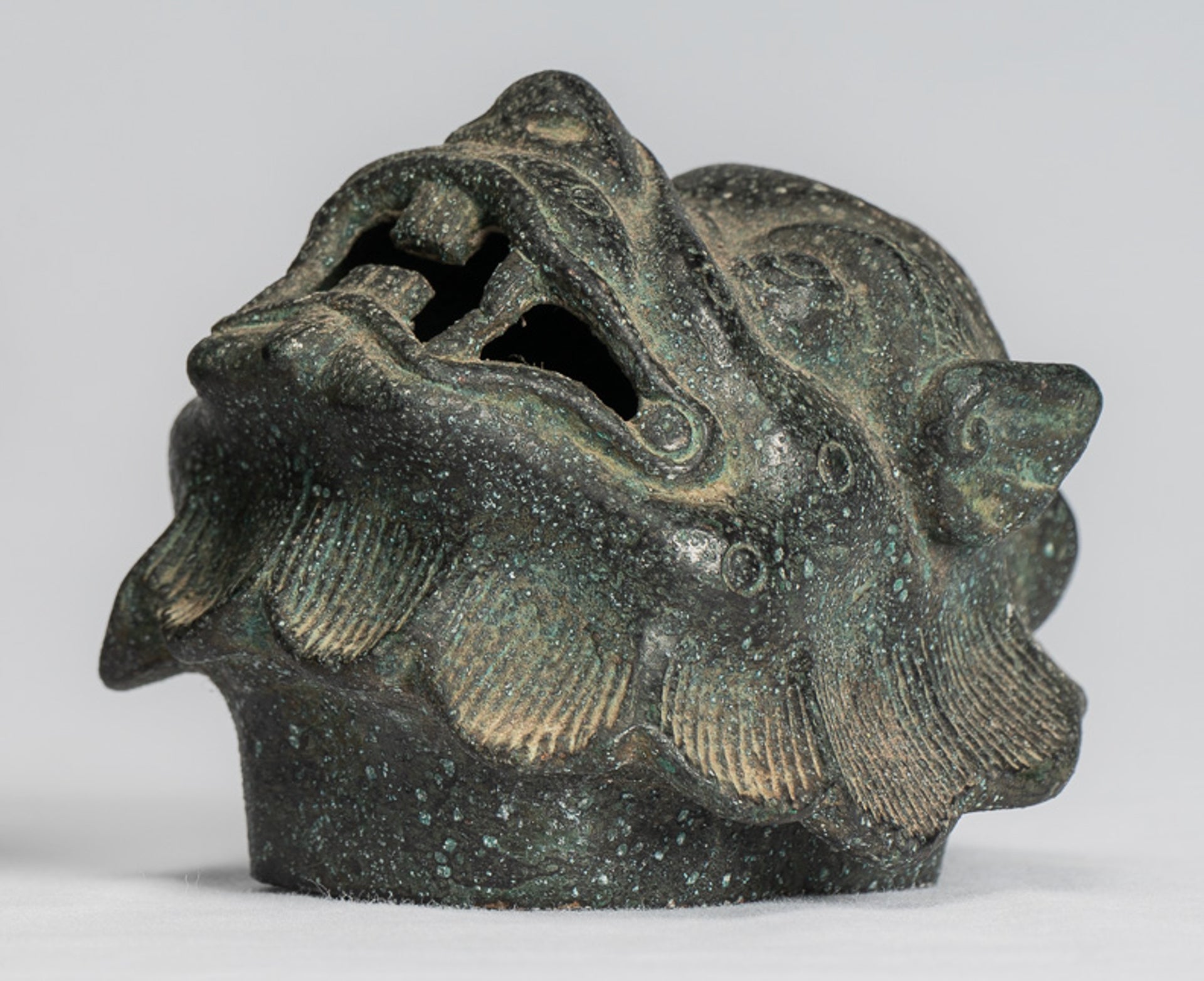 Antique Chinese Style Bronze Two Piece Dragon Censer or Incense Burner and Incense Stick Holder - 12cm/5" Tall