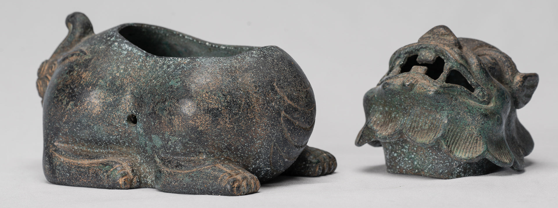 Antique Chinese Style Bronze Two Piece Dragon Censer or Incense Burner and Incense Stick Holder - 12cm/5" Tall