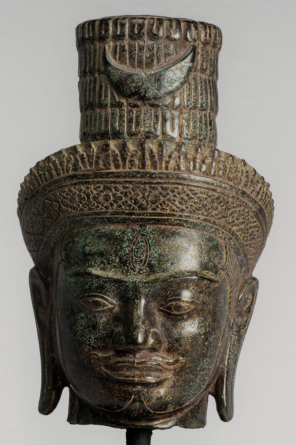 Antique Khmer Style Bronze Mounted Bakheng Shiva Head Statue - 47cm/19"