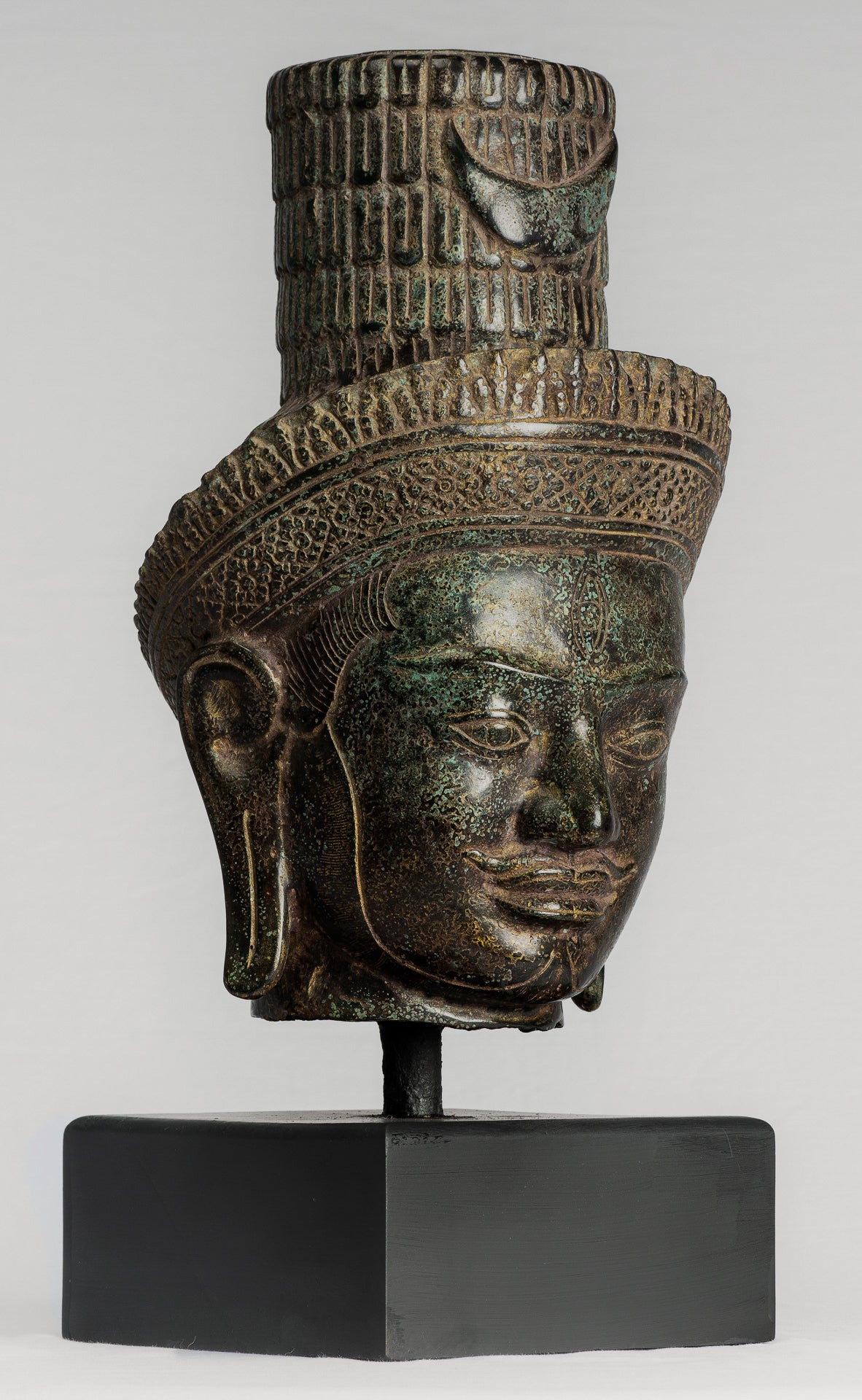 Antique Khmer Style Bronze Mounted Bakheng Shiva Head Statue - 47cm/19"