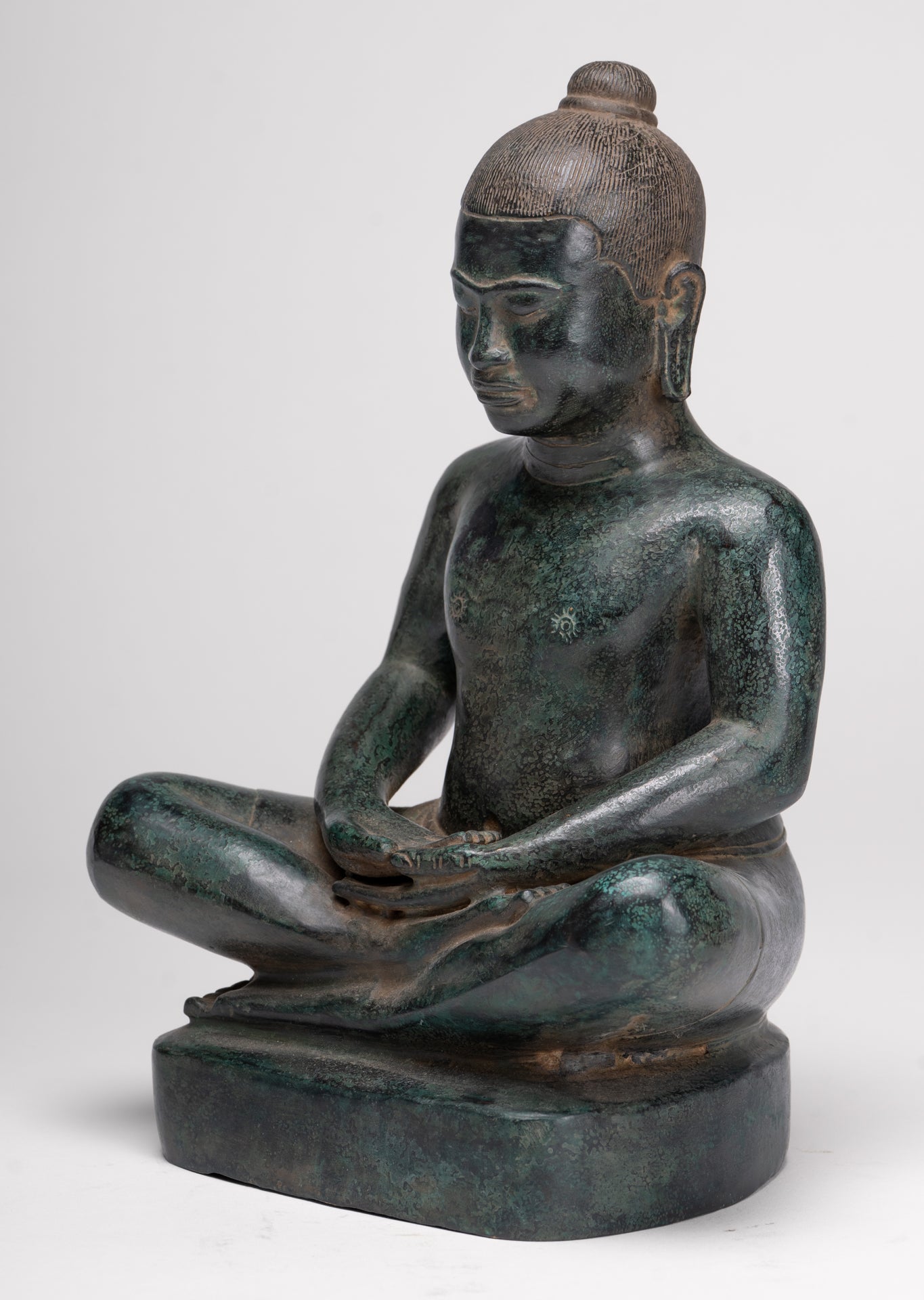 Antique Khmer Style Seated Bronze Meditation Jayavarman VII Statue - 26cm/10"