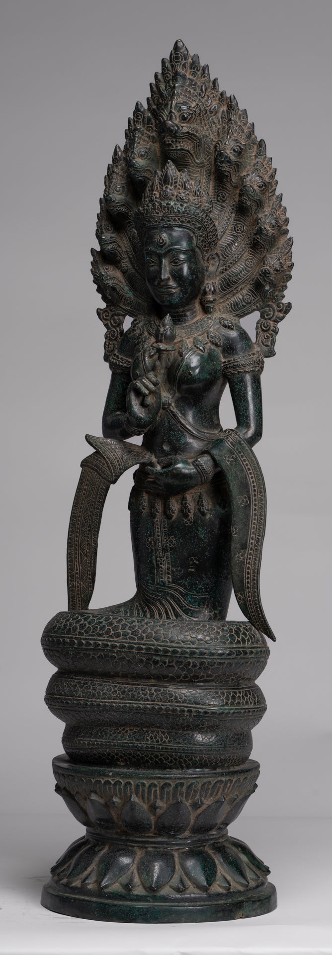Naga Statue - Antique Khmer Style Bronze Protective 'Queen Soma' Mother of Naga, Snake or Serpent Statue - 76cm/30"