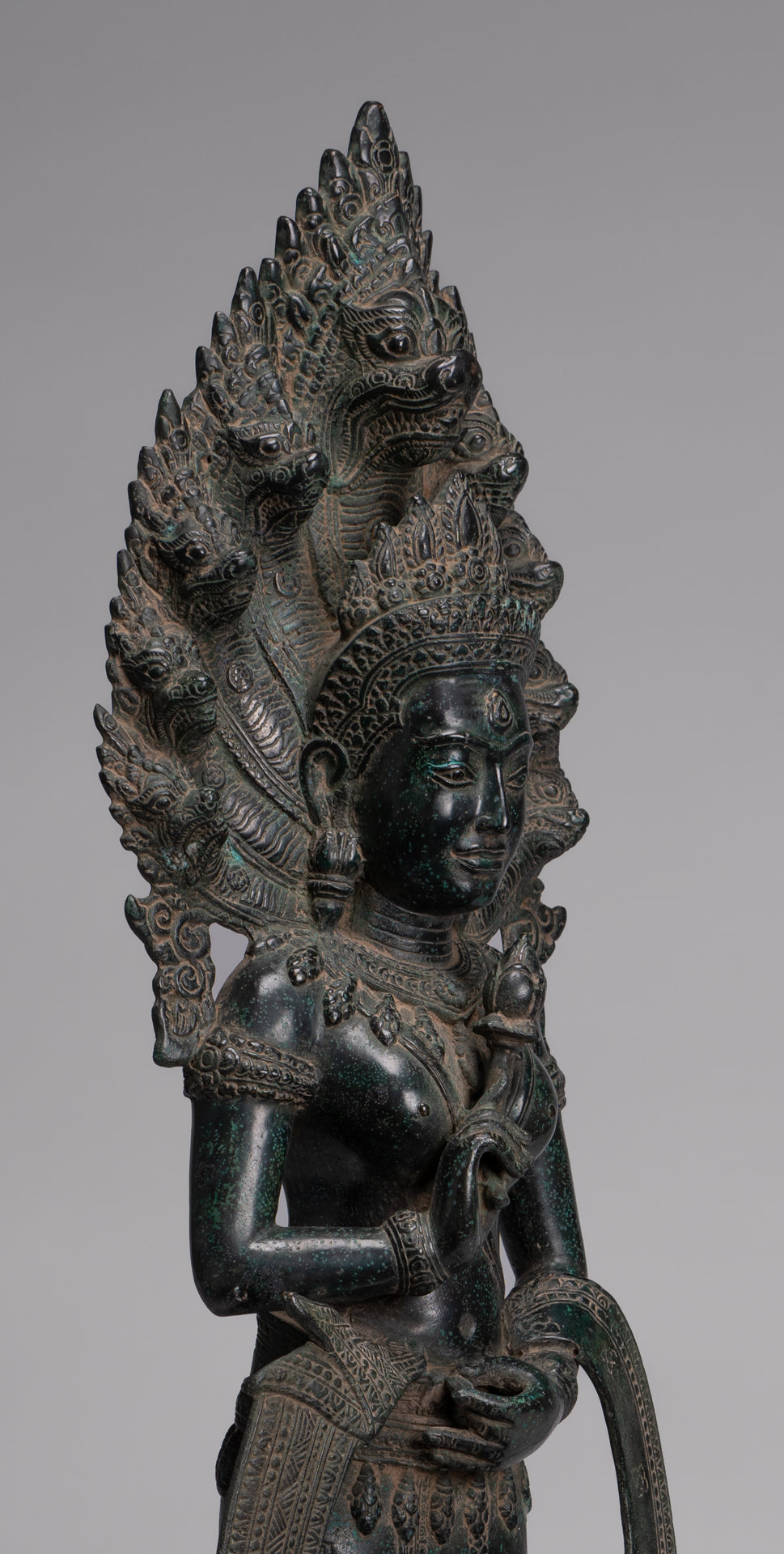 Naga Statue - Antique Khmer Style Bronze Protective 'Queen Soma' Mother of Naga, Snake or Serpent Statue - 76cm/30"