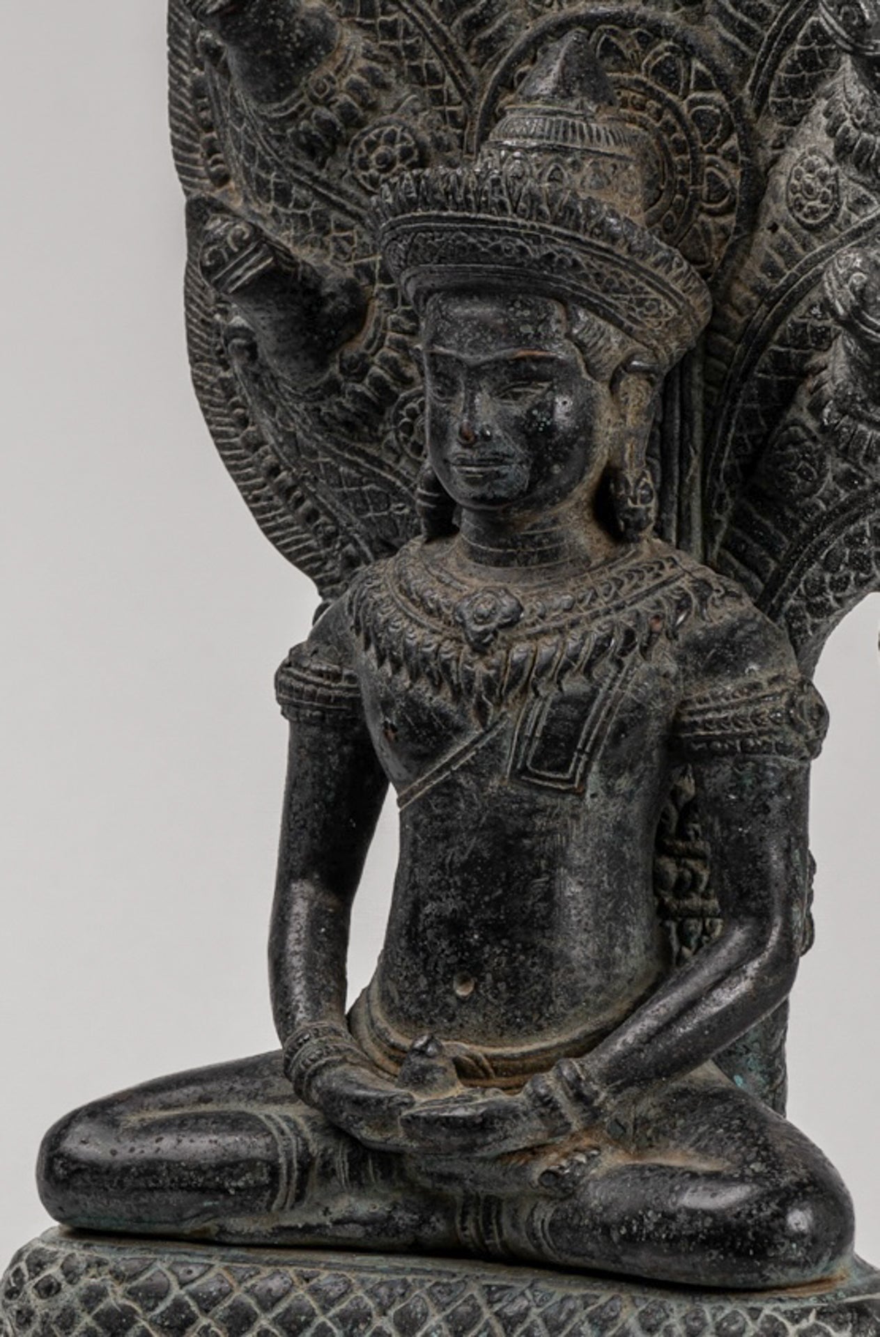 Buddha Statue - Antique Khmer Style Bronze Seated Meditation Naga Buddha Statue - 45cm/18"