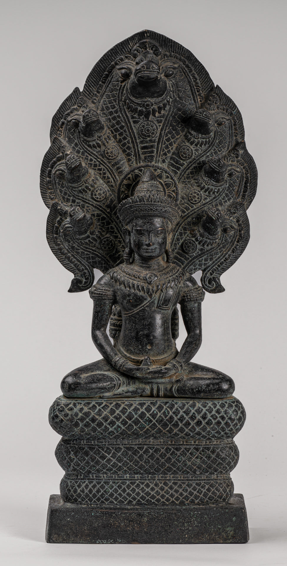 Buddha Statue - Antique Khmer Style Bronze Seated Meditation Naga Buddha Statue - 45cm/18"