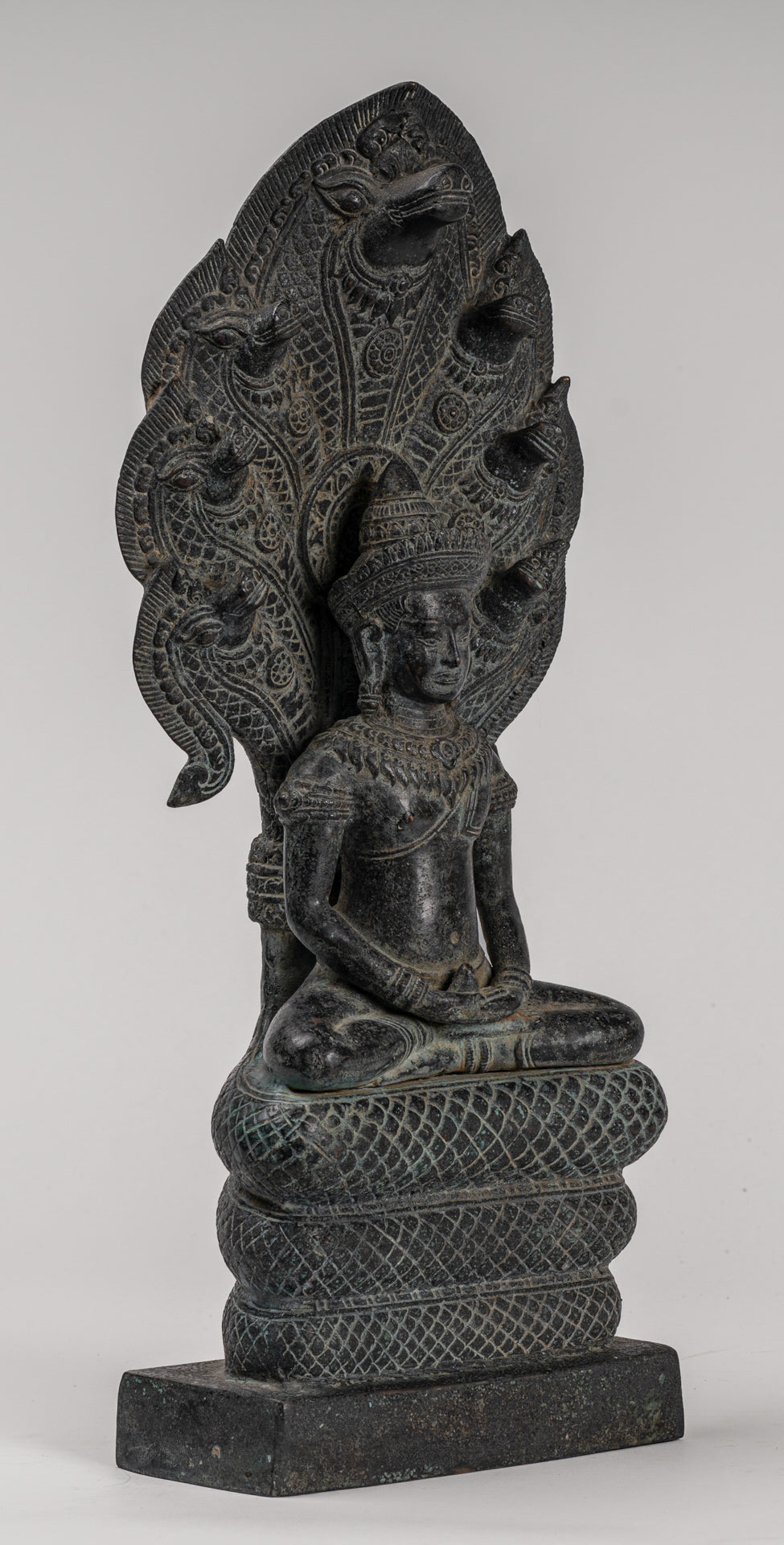 Buddha Statue - Antique Khmer Style Bronze Seated Meditation Naga Buddha Statue - 45cm/18"