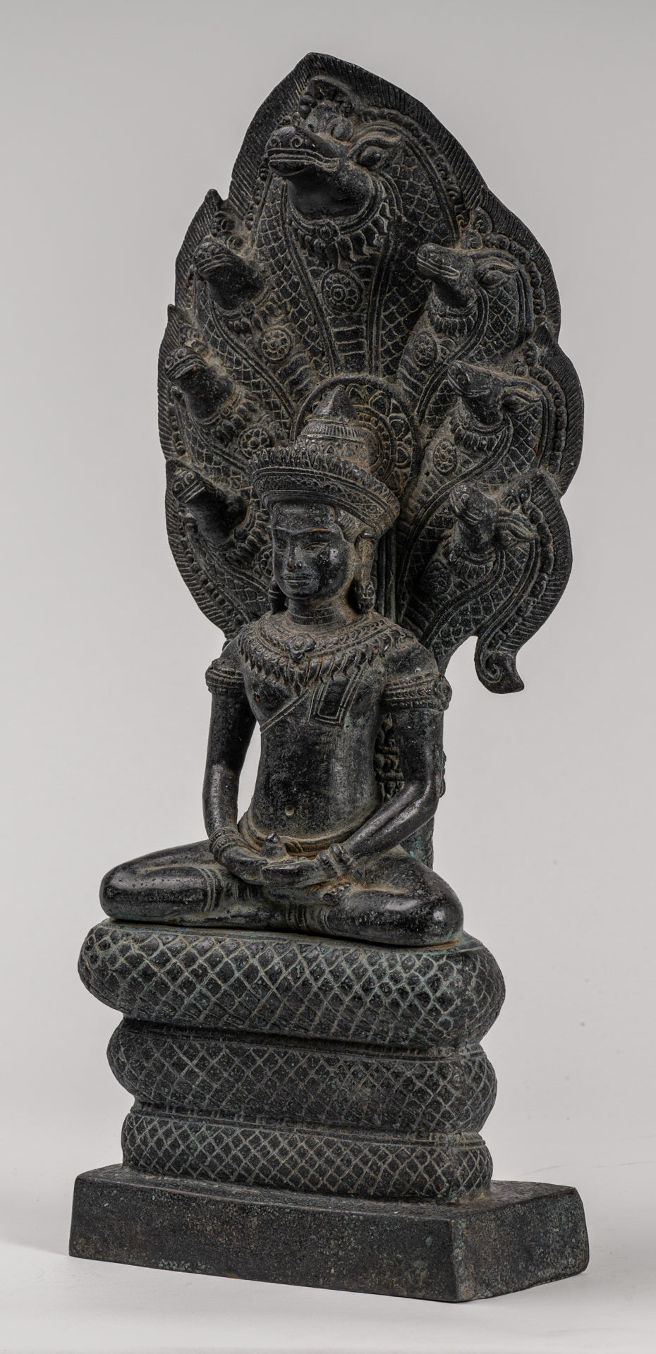 Buddha Statue - Antique Khmer Style Bronze Seated Meditation Naga Buddha Statue - 45cm/18"