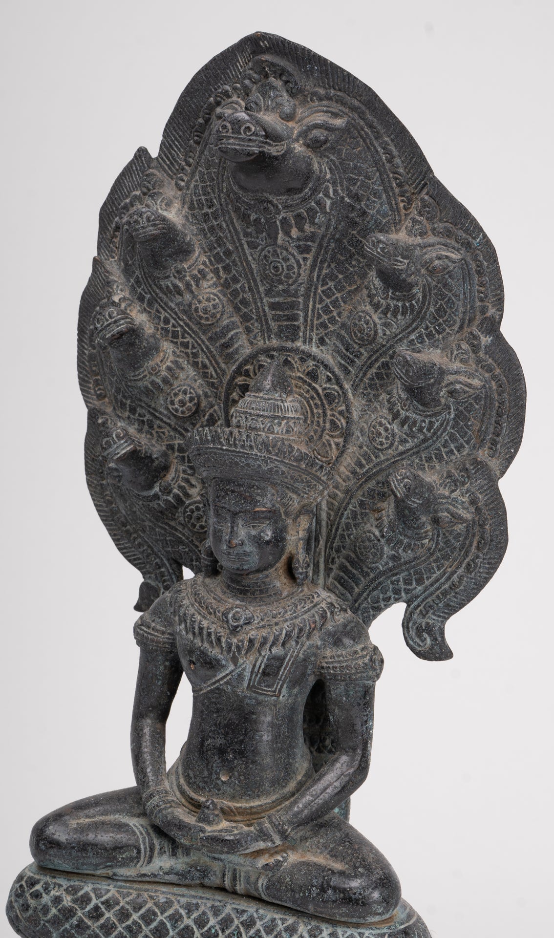 Buddha Statue - Antique Khmer Style Bronze Seated Meditation Naga Buddha Statue - 45cm/18"