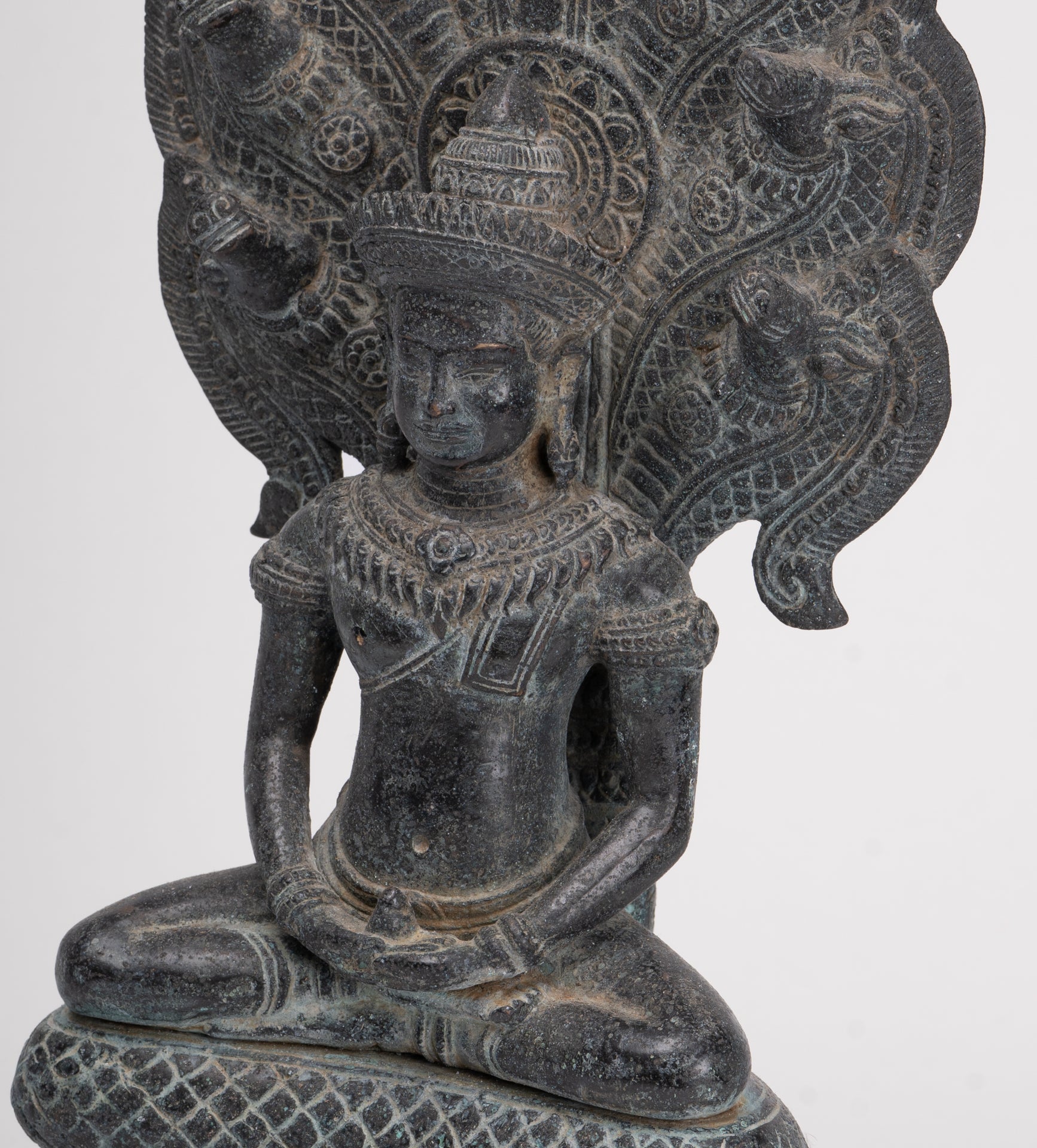 Buddha Statue - Antique Khmer Style Bronze Seated Meditation Naga Buddha Statue - 45cm/18"