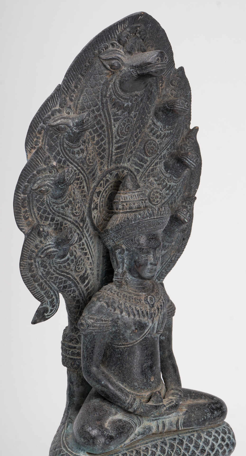 Buddha Statue - Antique Khmer Style Bronze Seated Meditation Naga Buddha Statue - 45cm/18"