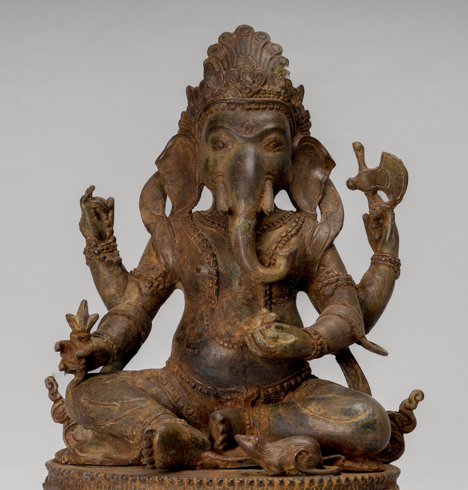 Ganesha Statue - Antique Javanese Style Bronze Seated Majapahit Ganesha Statue - 36cm/14"